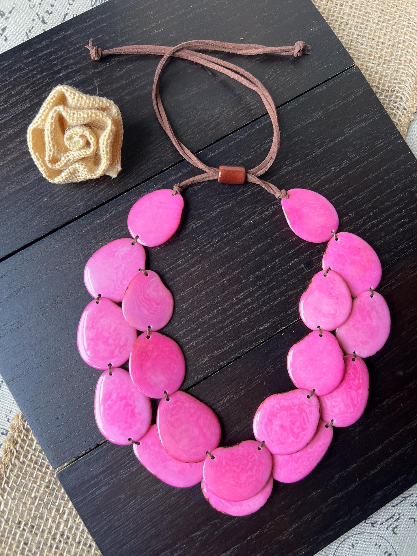 Pink statement necklace Double layer adjustable collar Tagua jewelry Gift for wife Big bold chunky Wearable art Multi strand necklace