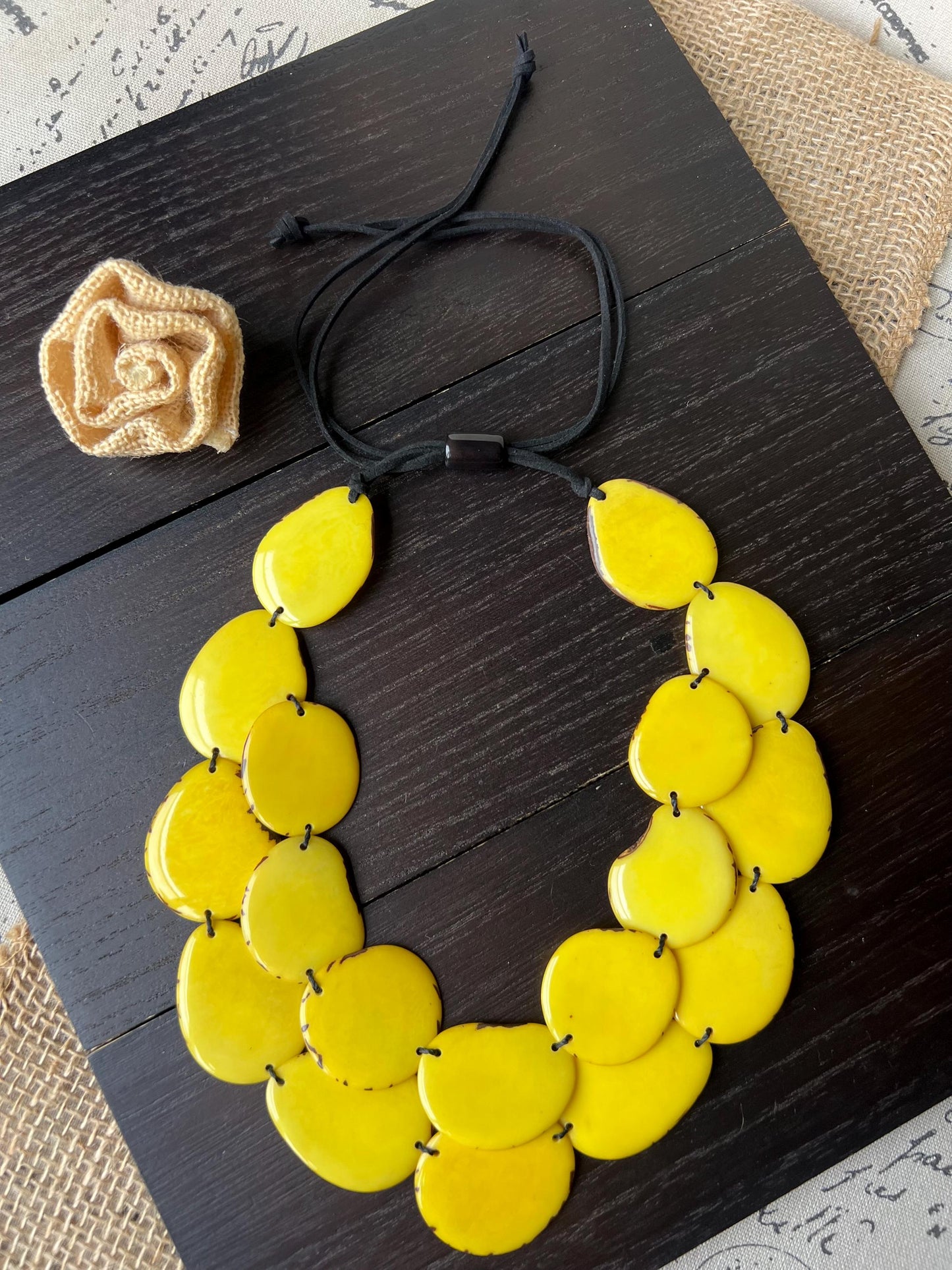 Yellow statement necklace Tagua jewelry Summer fashion Double layer necklace Adjustable cord Wearable art Cruise wear Multi strand necklace