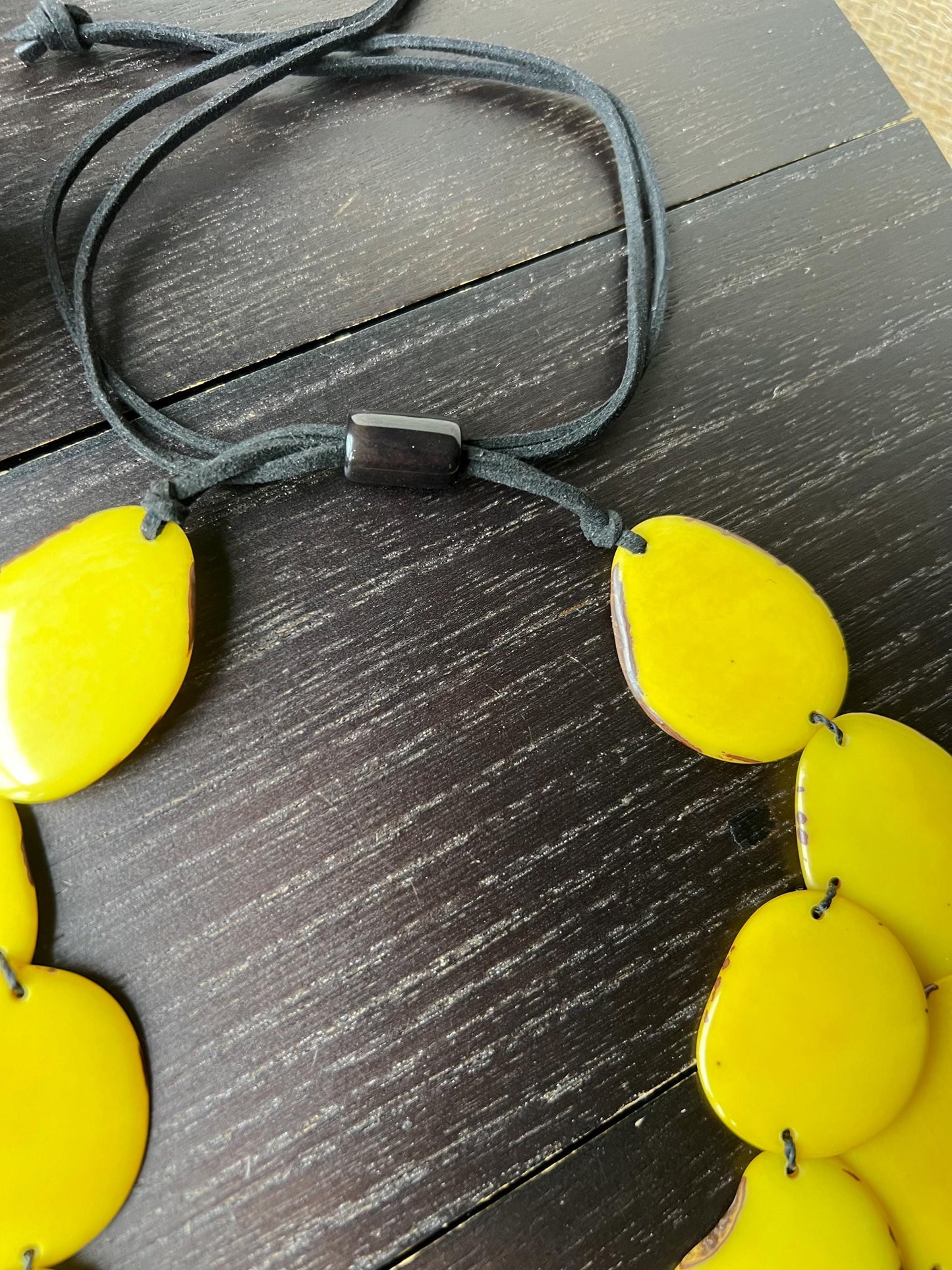 Yellow statement necklace Tagua jewelry Summer fashion Double layer necklace Adjustable cord Wearable art Cruise wear Multi strand necklace