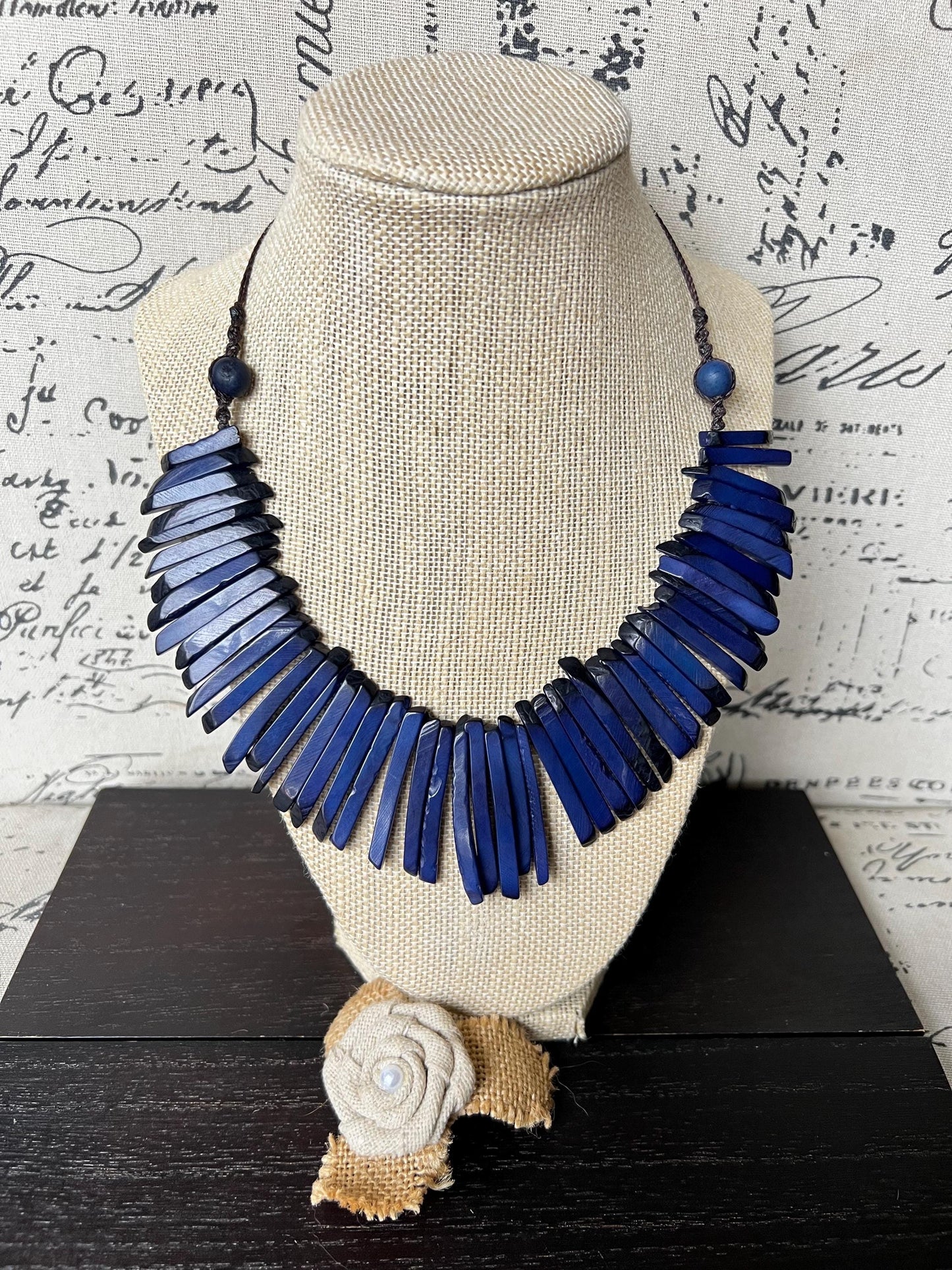 Blue Tagua necklace Handmade statement necklace Wearable art Adjustable cord Spiky beaded necklace Fall fashion 2025s Fall fashion 2025