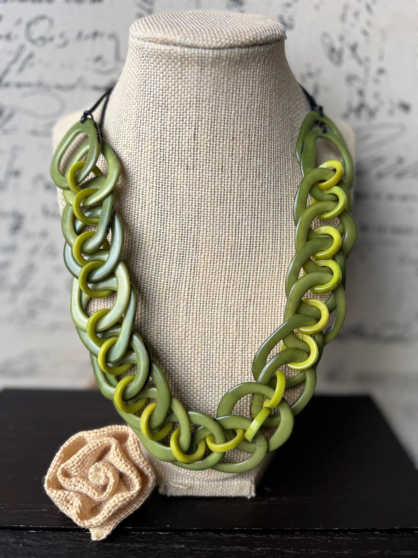 Green beaded statement necklace Tagua nut jewelry Adjustable cord Big bold chunky necklace Wearable art Summer fashion Cruise wear