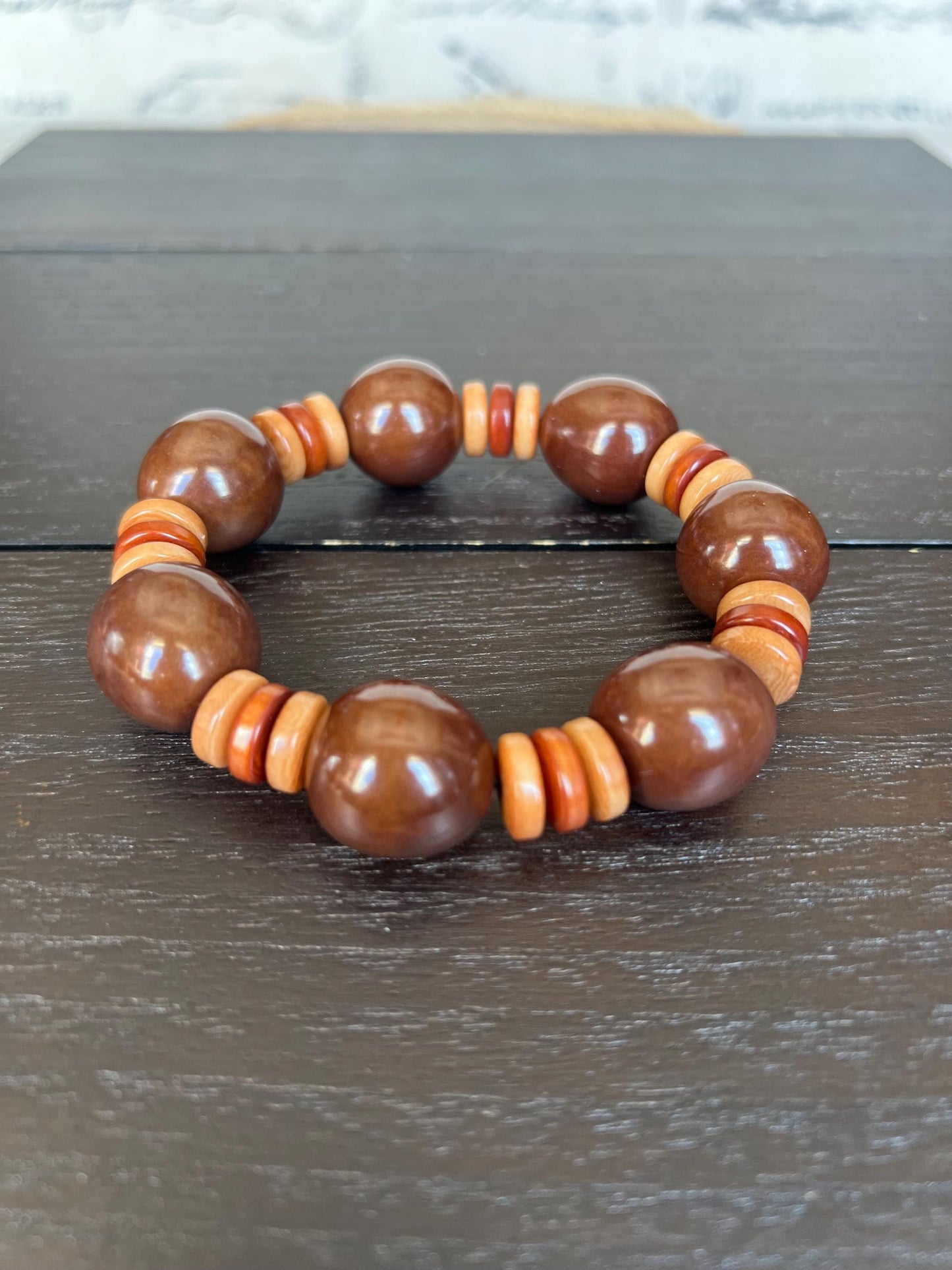 Brown statement bracelet Tagua jewelry Big bold bangle Wearable art Elastic stretch bracelet Fall fashion Cruise trends Artisan handmade