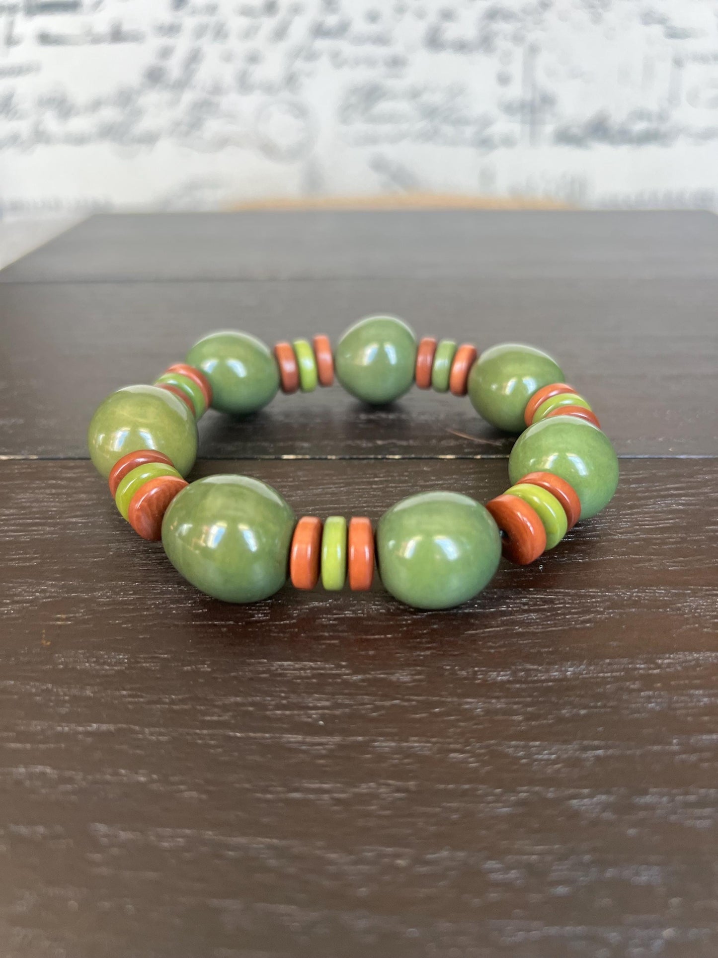 Olive green statement bracelet Tagua jewelry Big bold bangle Stretch elastic bracelet Cruise wear Art to wear Fall handmade fashion