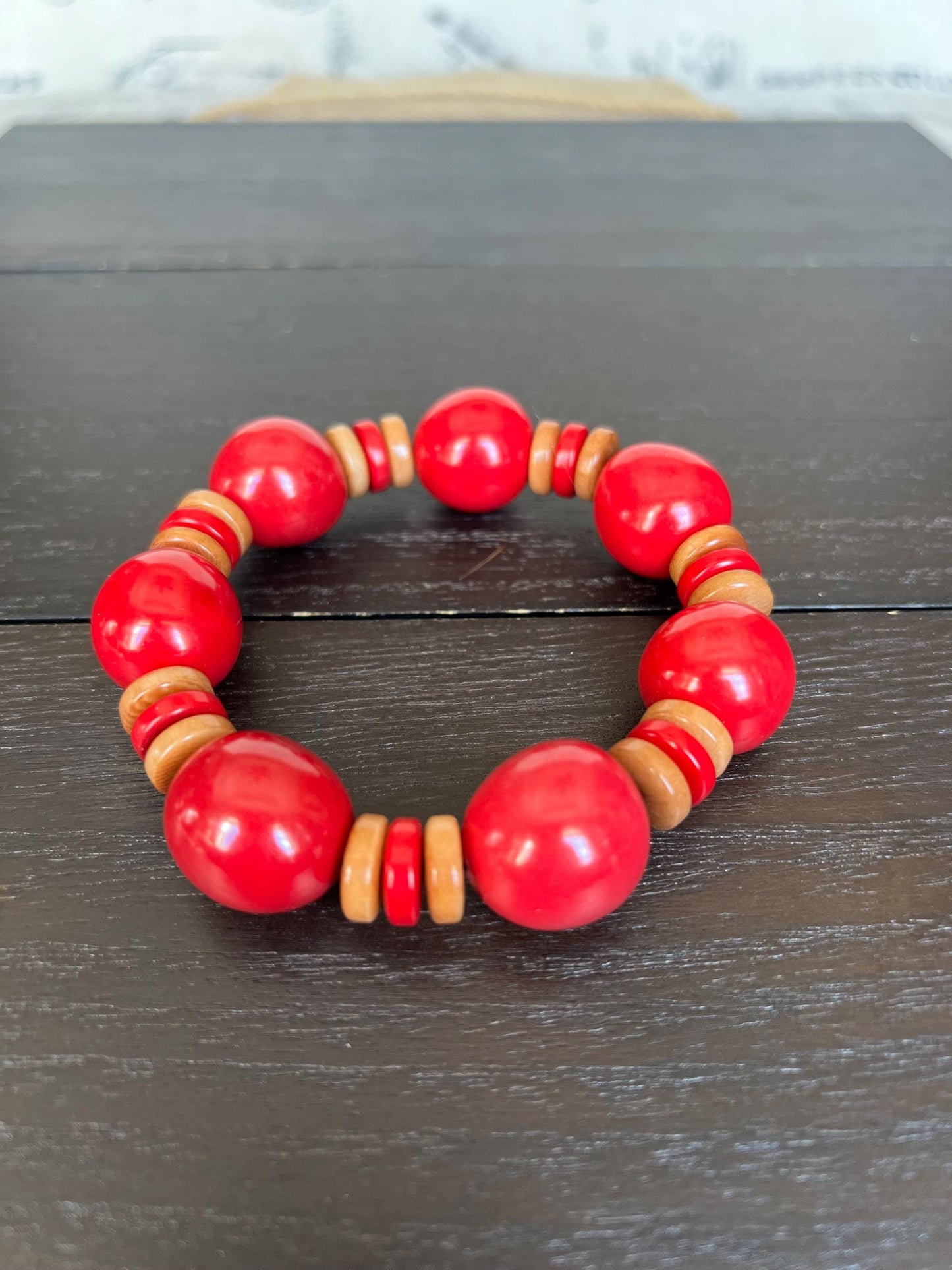 Red statement bracelet Mothers day gifts Tagua jewelry Big bangle Spring fashion Trendy custom jewelry Stretch elastic bangle Art to wear