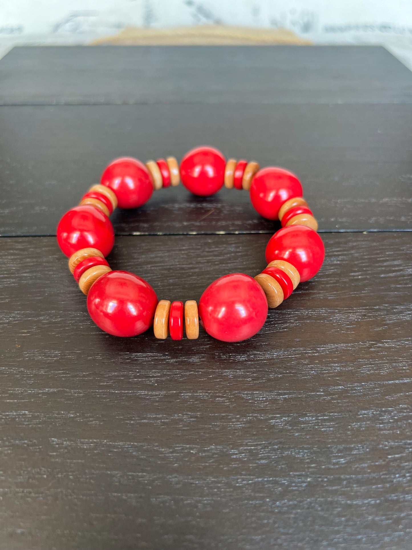 Red statement bracelet Mothers day gifts Tagua jewelry Big bangle Spring fashion Trendy custom jewelry Stretch elastic bangle Art to wear