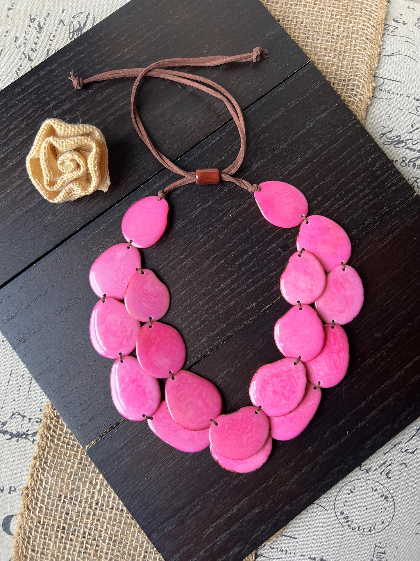 Pink statement necklace Double layer adjustable collar Tagua jewelry Gift for wife Big bold chunky Wearable art Multi strand necklace