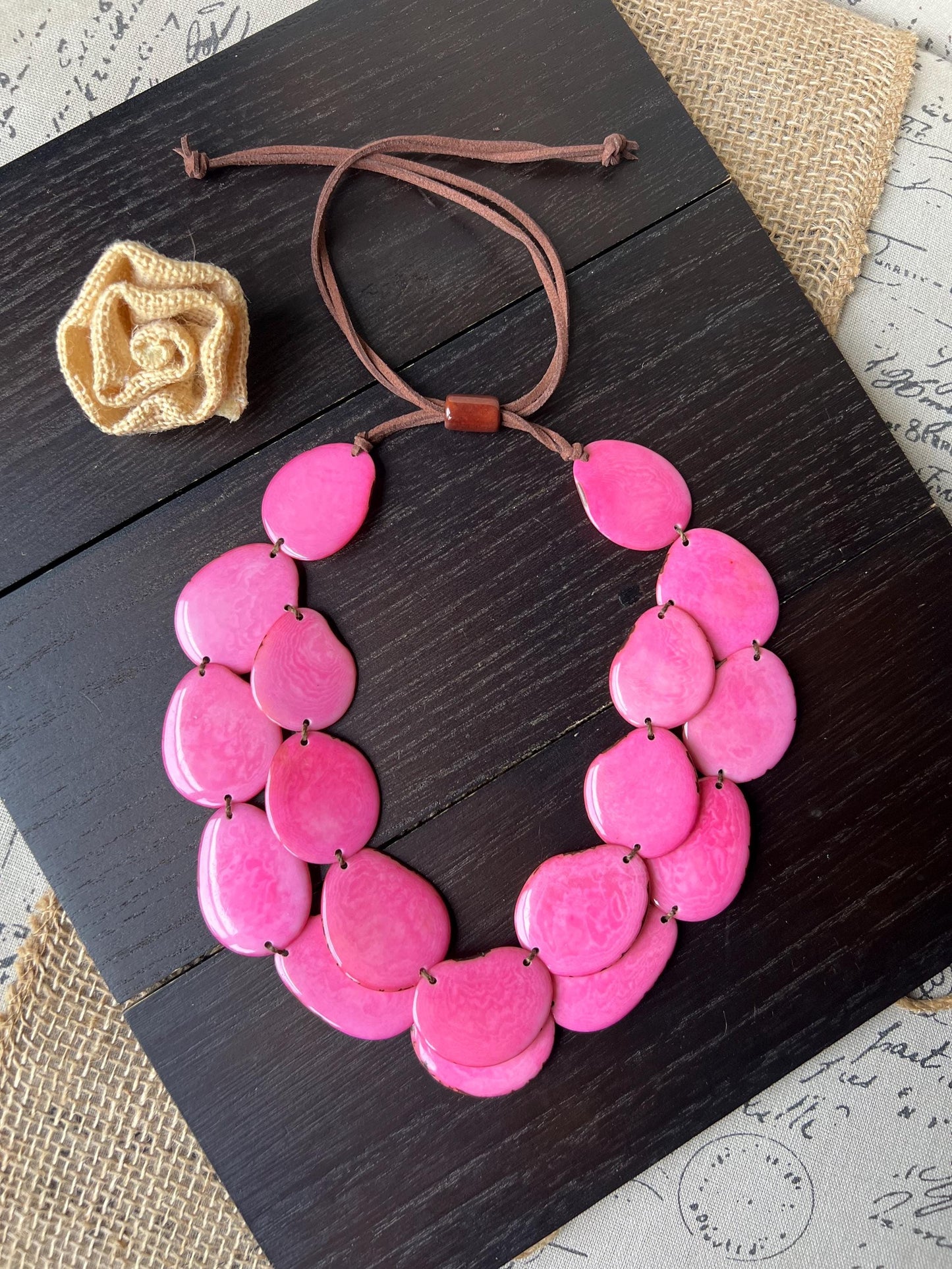 Pink statement necklace Double layer adjustable collar Tagua jewelry Gift for wife Big bold chunky Wearable art Multi strand necklace