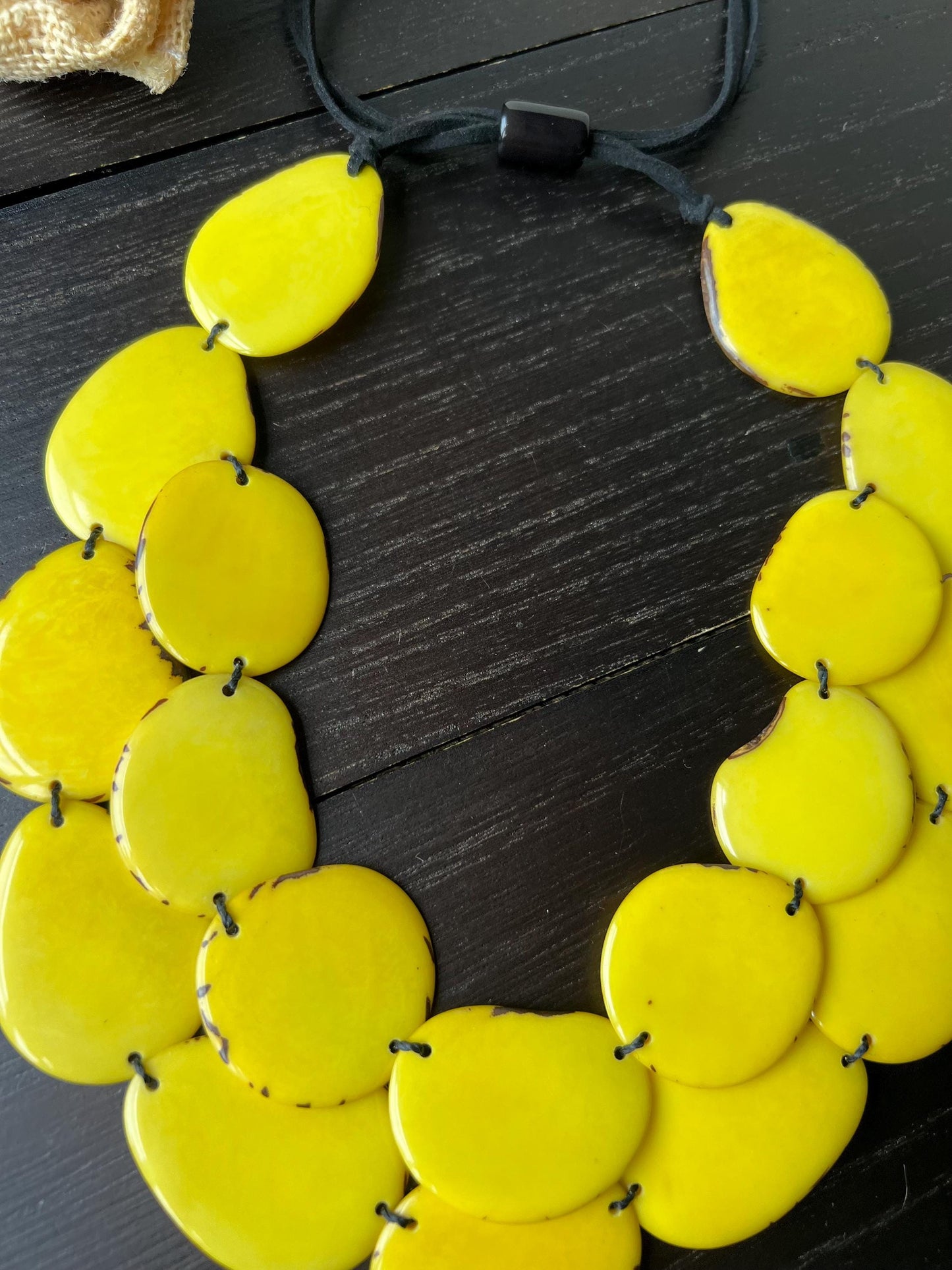 Yellow statement necklace Tagua jewelry Summer fashion Double layer necklace Adjustable cord Wearable art Cruise wear Multi strand necklace