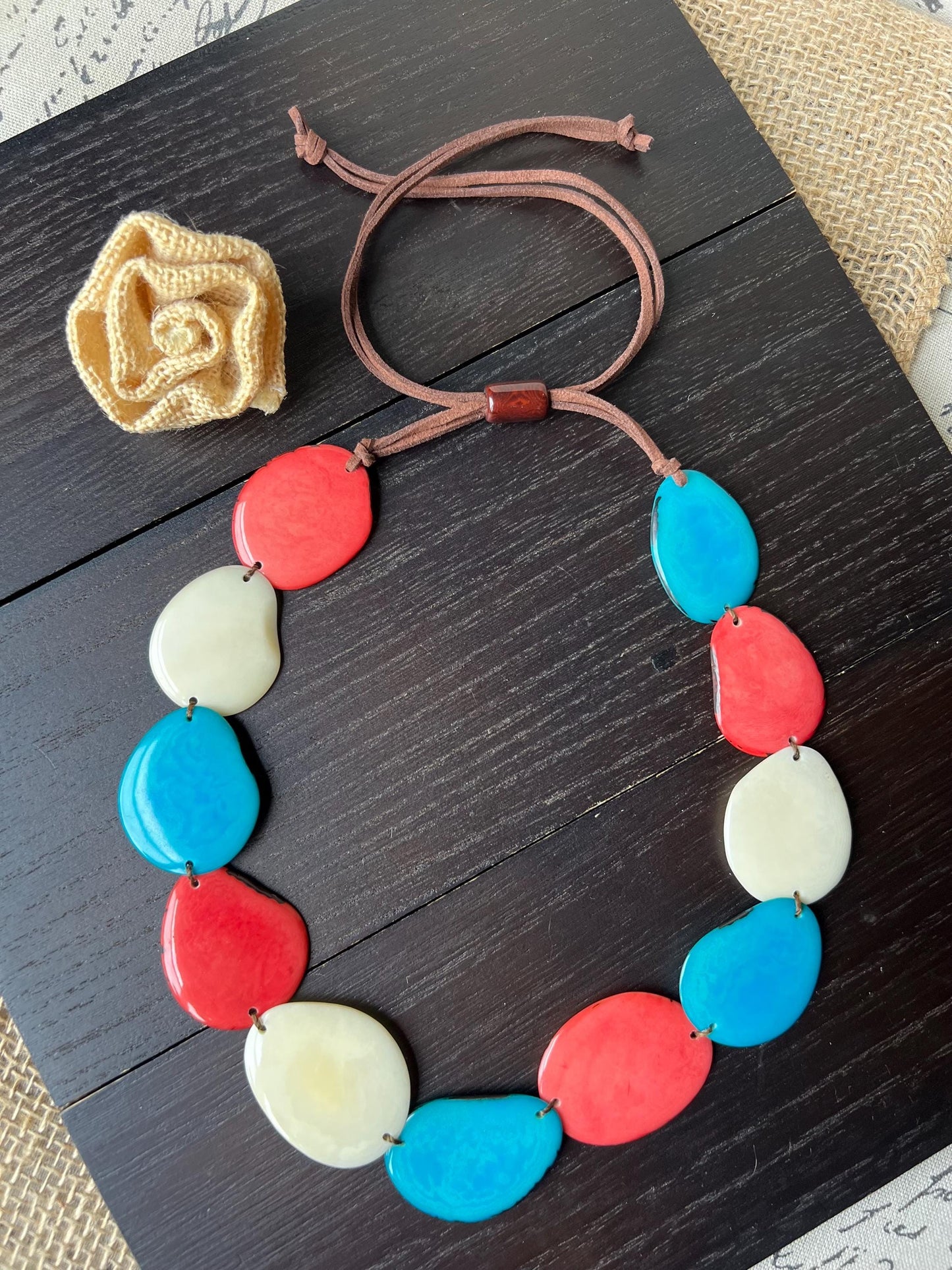 Turquoise white and salmon single strand statement necklace Tagua necklace Adjustable cord Wearable art Handmade beaded necklace art to wear
