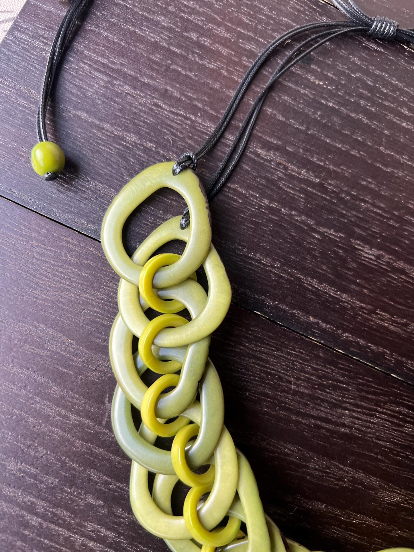 Green beaded statement necklace Tagua nut jewelry Adjustable cord Big bold chunky necklace Wearable art Summer fashion Cruise wear