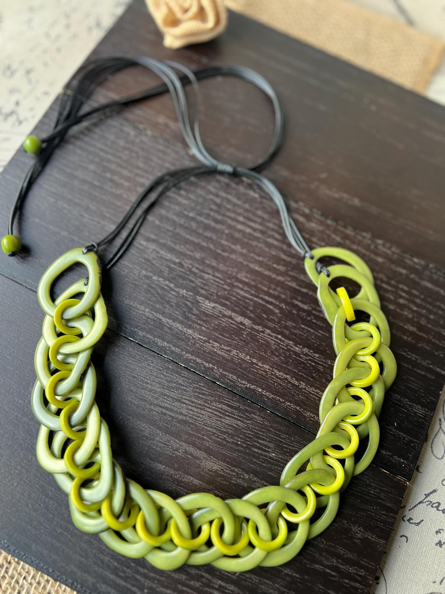 Green beaded statement necklace Tagua nut jewelry Adjustable cord Big bold chunky necklace Wearable art Fall fashion Cruise wear