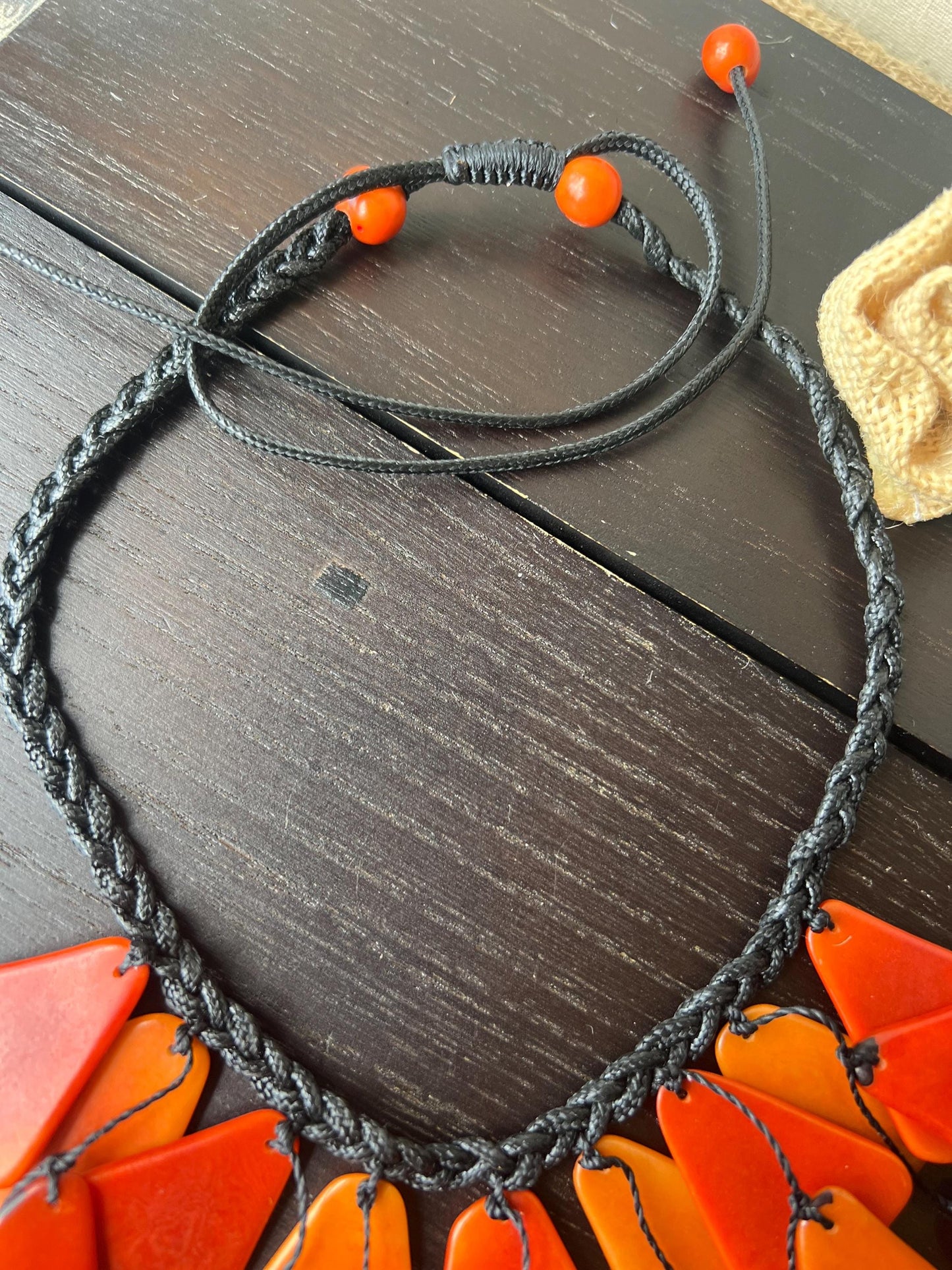 Orange statement necklace Tagua jewelry Mothers day gifts Big bold necklace Adjustable cord Spring fashion Waterfall necklace Wearable art