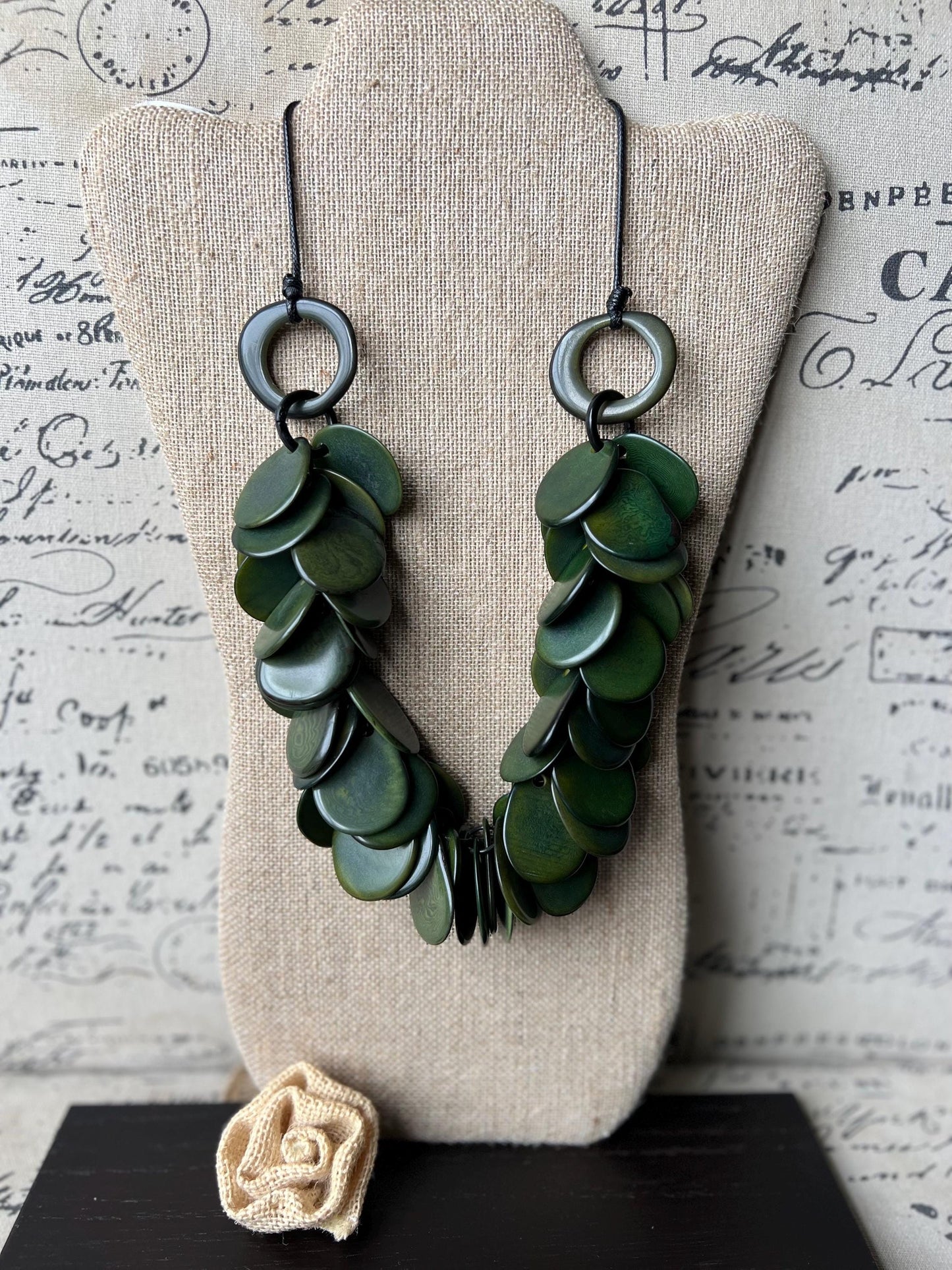 Dark green statement necklace Tagua nut necklace Adjustable cord Mothers day gifts Handmade beaded necklace Big bold necklace Art to wear