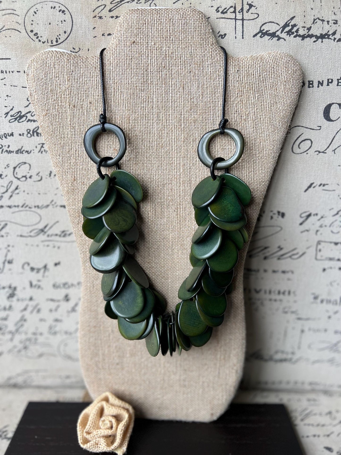 Dark green statement necklace Tagua nut necklace Adjustable cord Fall fashion 2025s Handmade beaded necklace Big bold necklace Art to wear