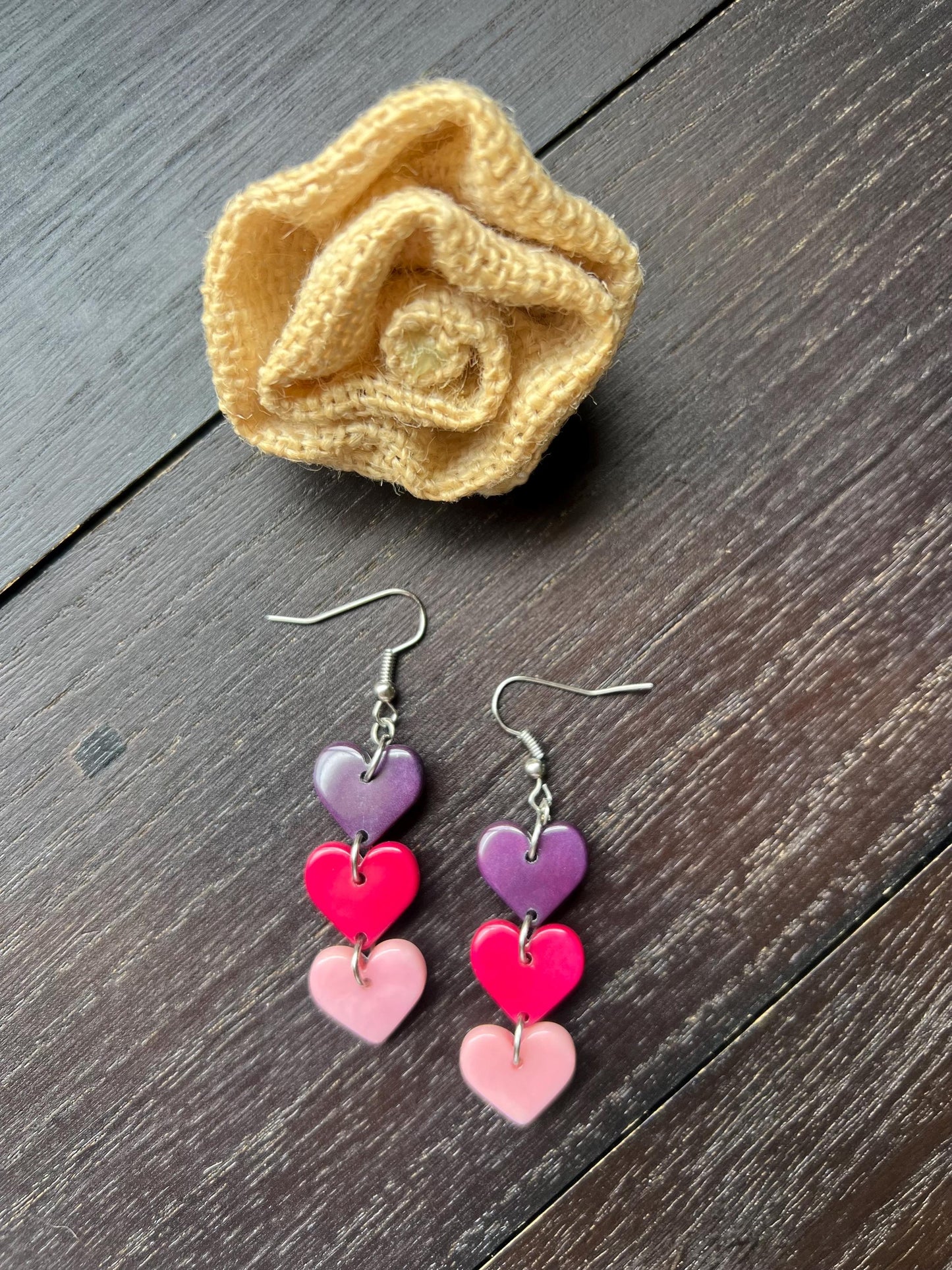 Pink and purple earrings Heart earrings Dangle and drop earrings Waterfall earrings Art to wear Tagua jewelry I love you earrings Beach wear