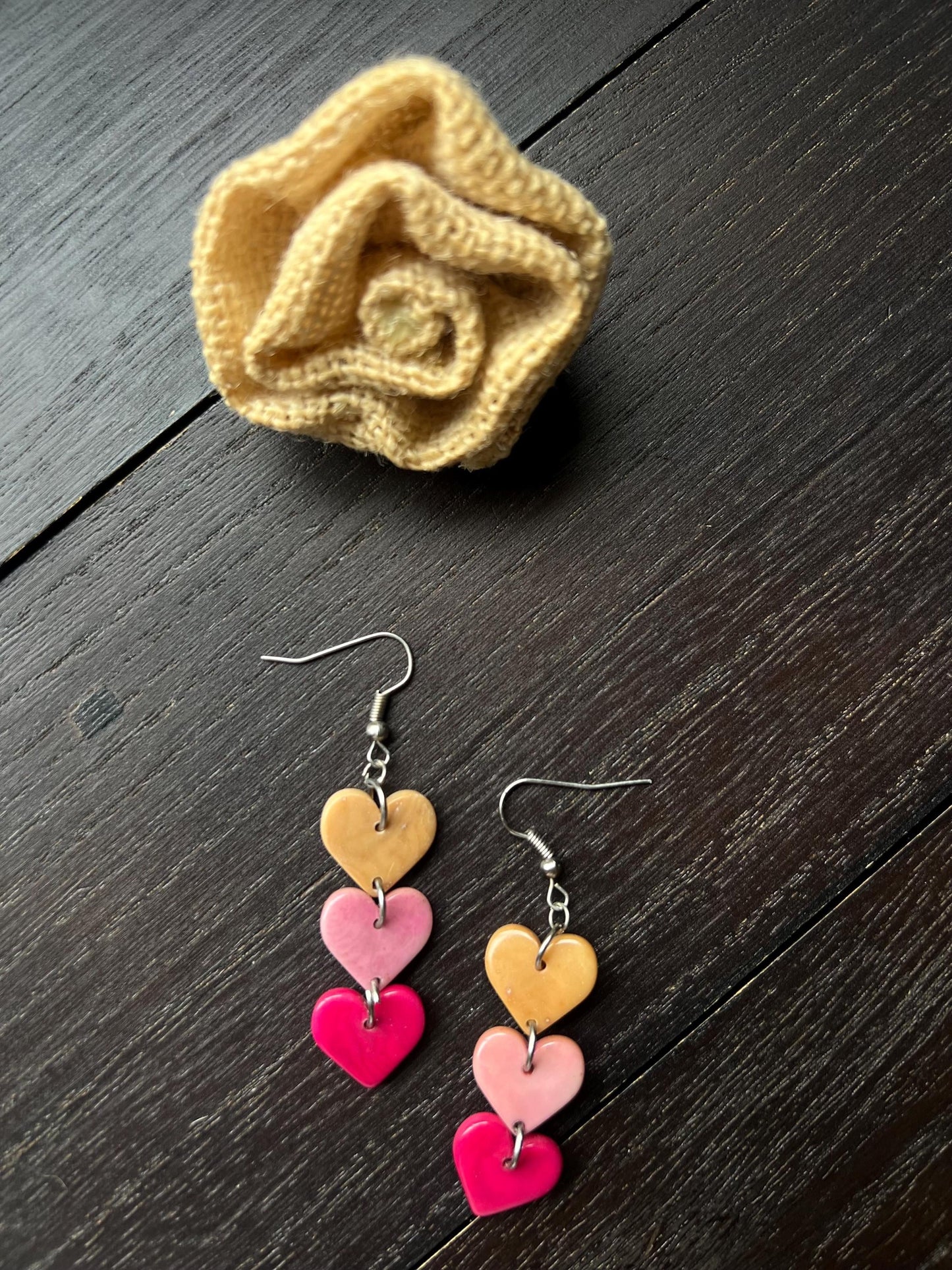 Multi color heart earrings Dangle and drop earrings Tagua jewelry I love you earrings Waterfall earrings Art to wear Easter basket gifts