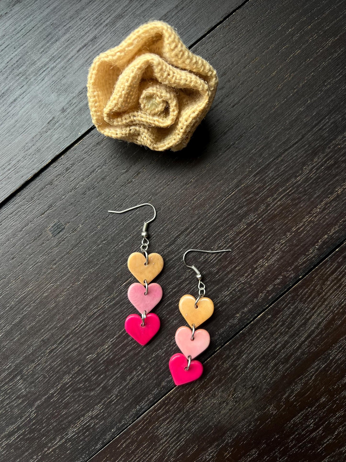 Multi color heart earrings Dangle and drop earrings Tagua jewelry I love you earrings Waterfall earrings Art to wear Easter basket gifts