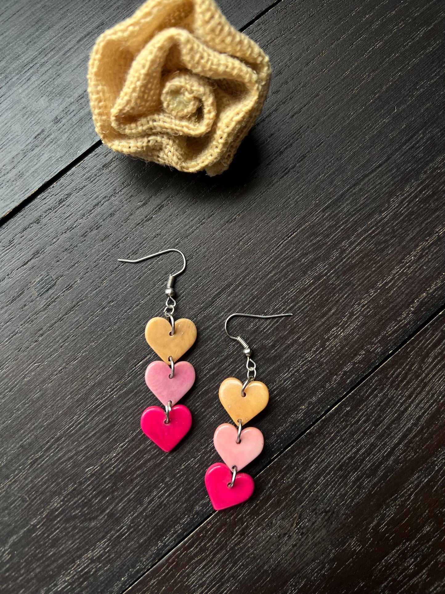 Multi color heart earrings Dangle and drop earrings Tagua jewelry I love you earrings Waterfall earrings Art to wear Fall fashion