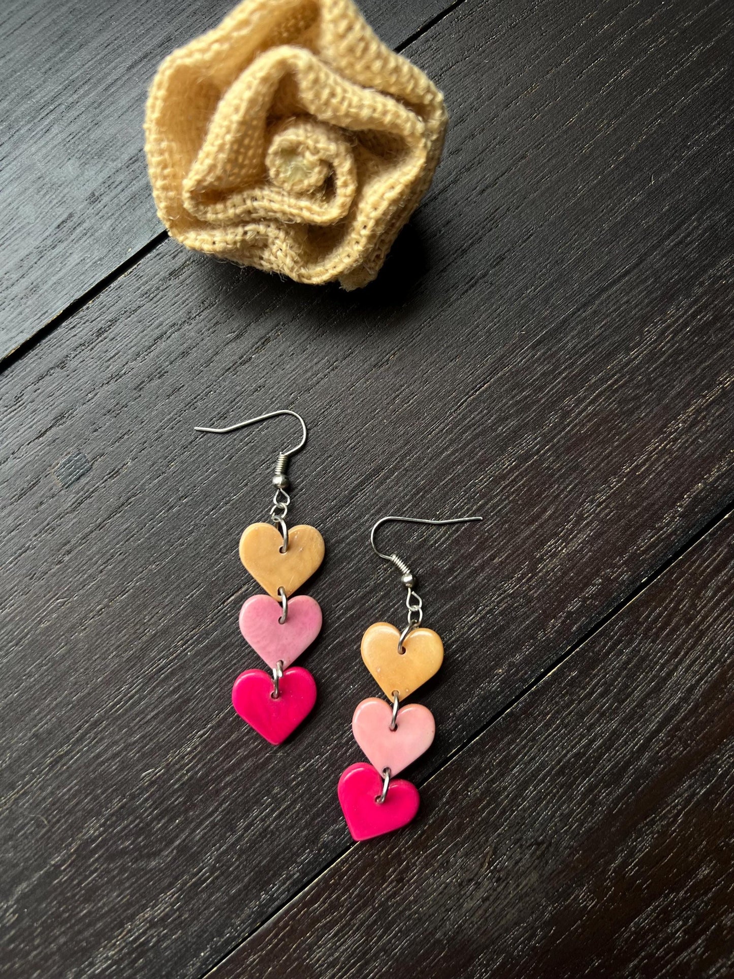 Multi color heart earrings Dangle and drop earrings Tagua jewelry I love you earrings Waterfall earrings Art to wear Fall fashion