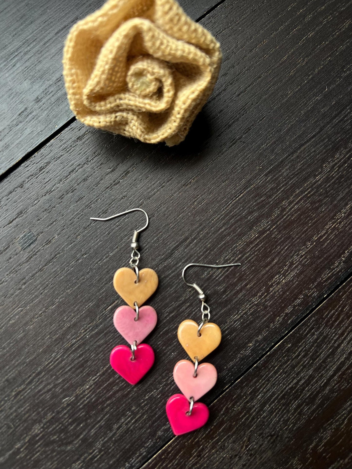 Heart earrings.
Pink and beige earrings.
Gifts for wife.
Holidays present.
Fall jewelry