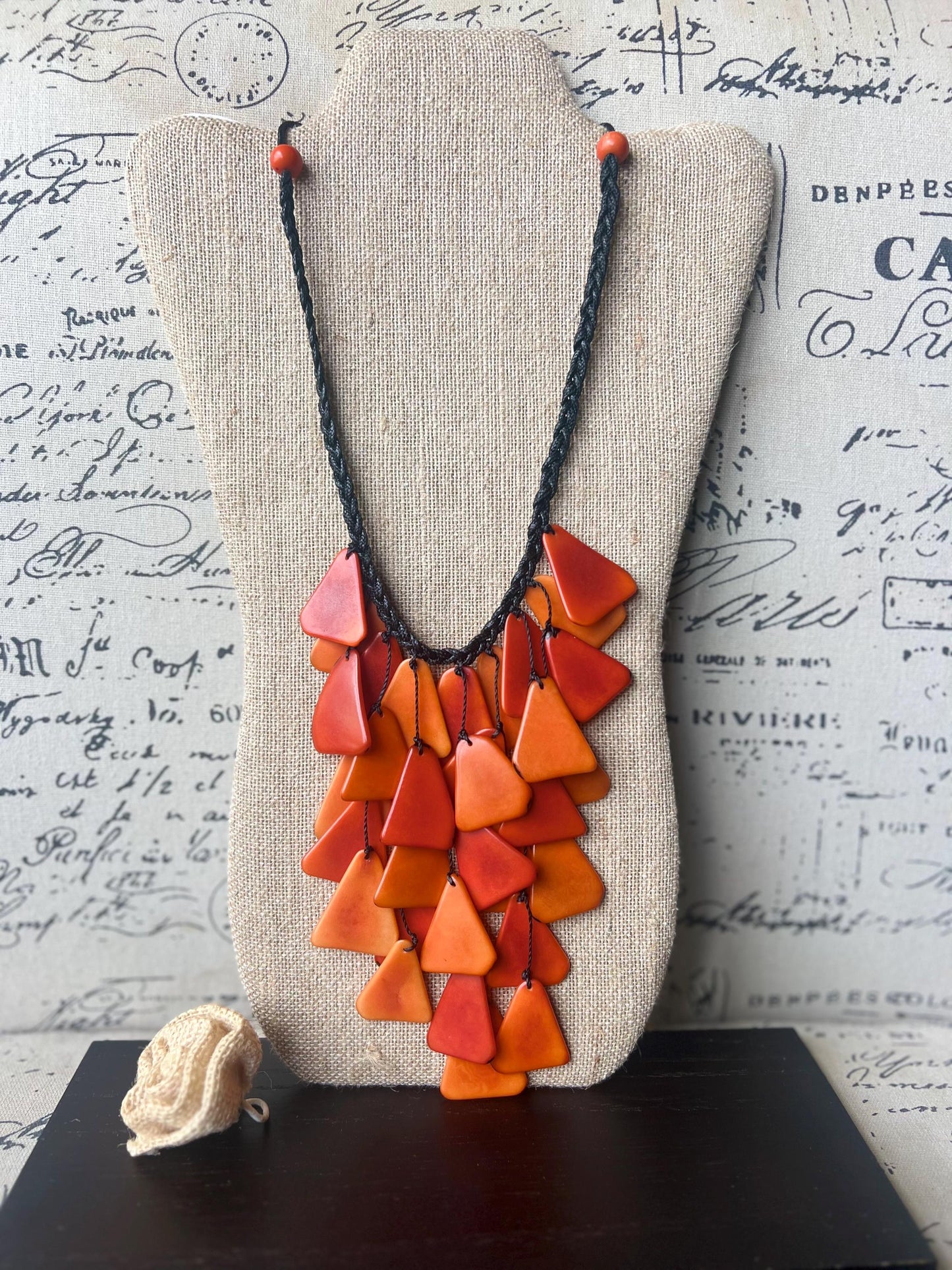 Orange statement necklace Tagua jewelry Mothers day gifts Big bold necklace Adjustable cord Spring fashion Waterfall necklace Wearable art