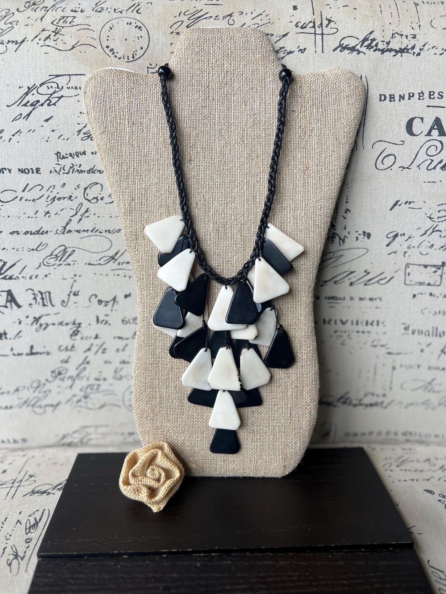 Black and white statement necklace Artsy gifts Tagua jewelry Spring fashion trends Artsy gifts Waterfall necklace Big bold necklace