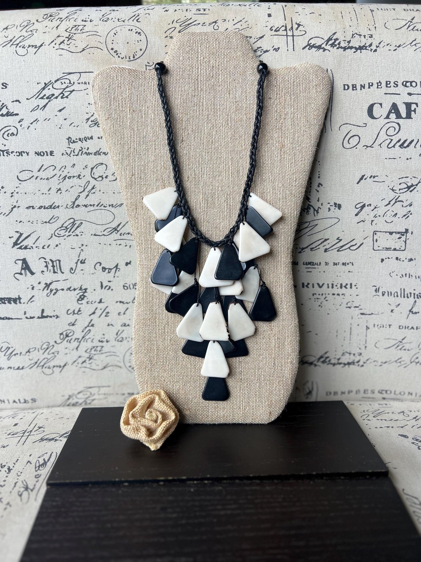 Black and white statement necklace Artsy gifts Tagua jewelry Spring fashion trends Artsy gifts Waterfall necklace Big bold necklace