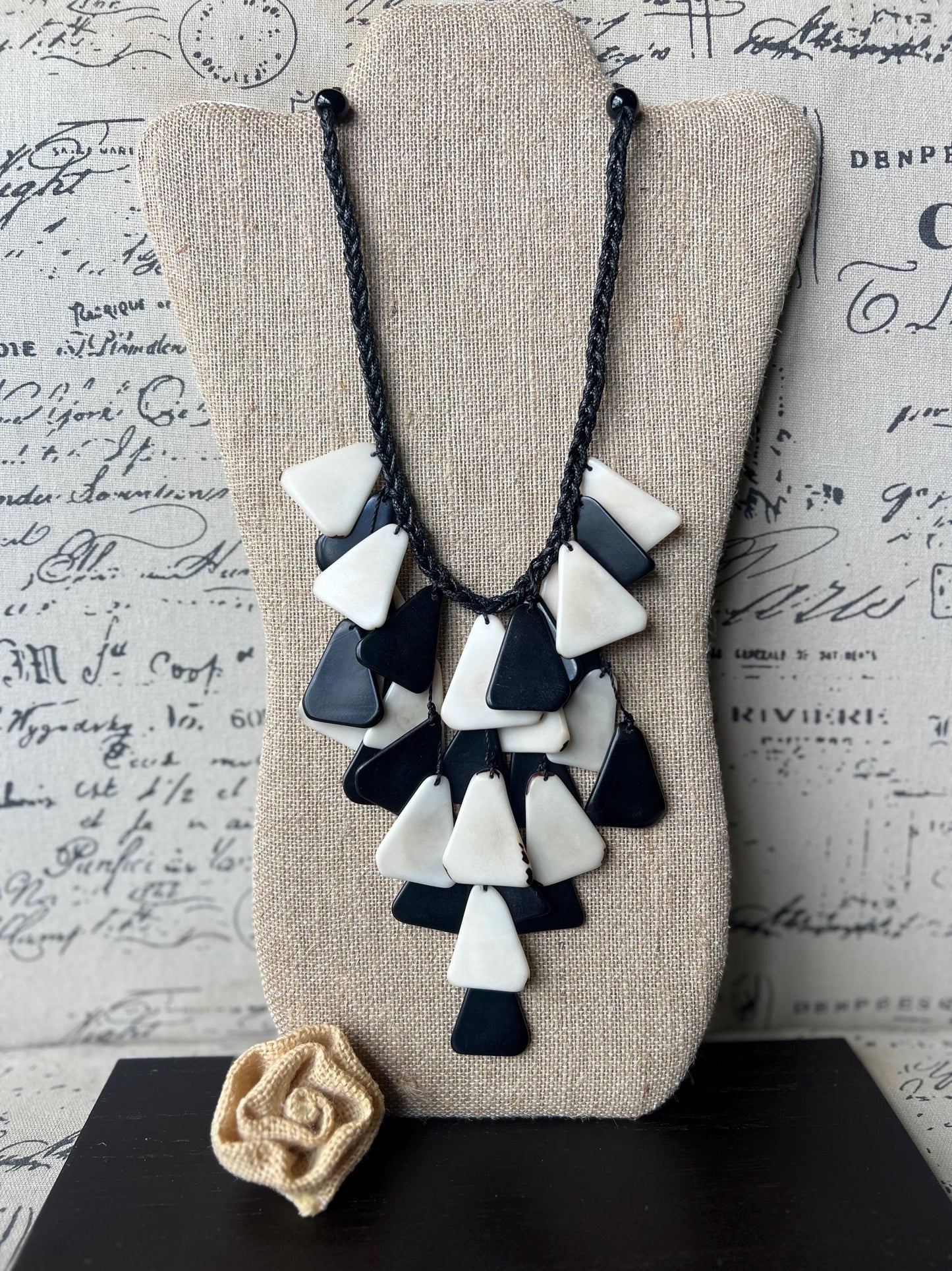 Black and white statement necklace Artsy gifts Tagua jewelry Spring fashion trends Artsy gifts Waterfall necklace Big bold necklace