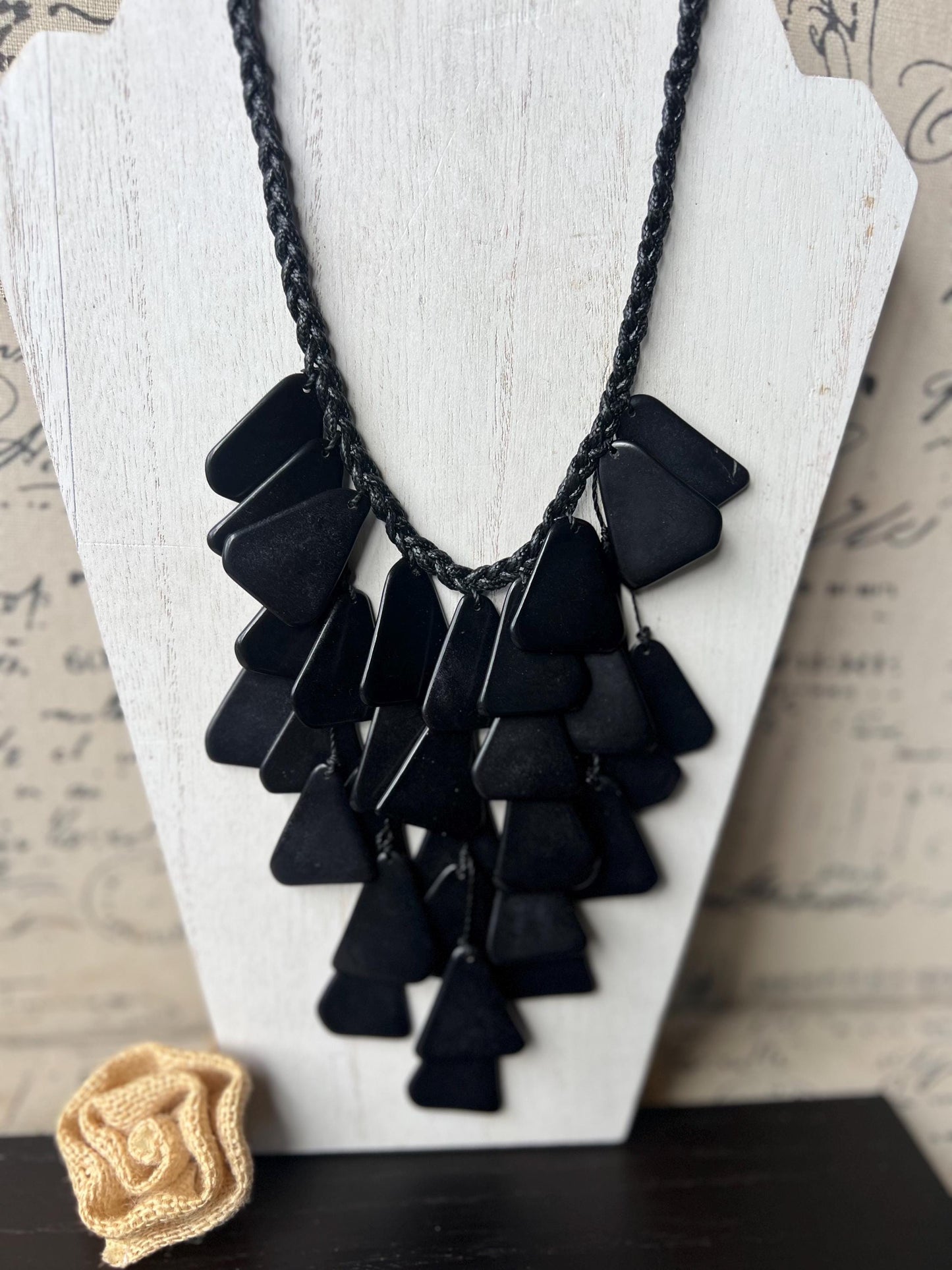 Black statement necklace Waterfall necklace Adjustable cord Wearable art Tagua jewelry Big bold necklace Fall fashion Beach style