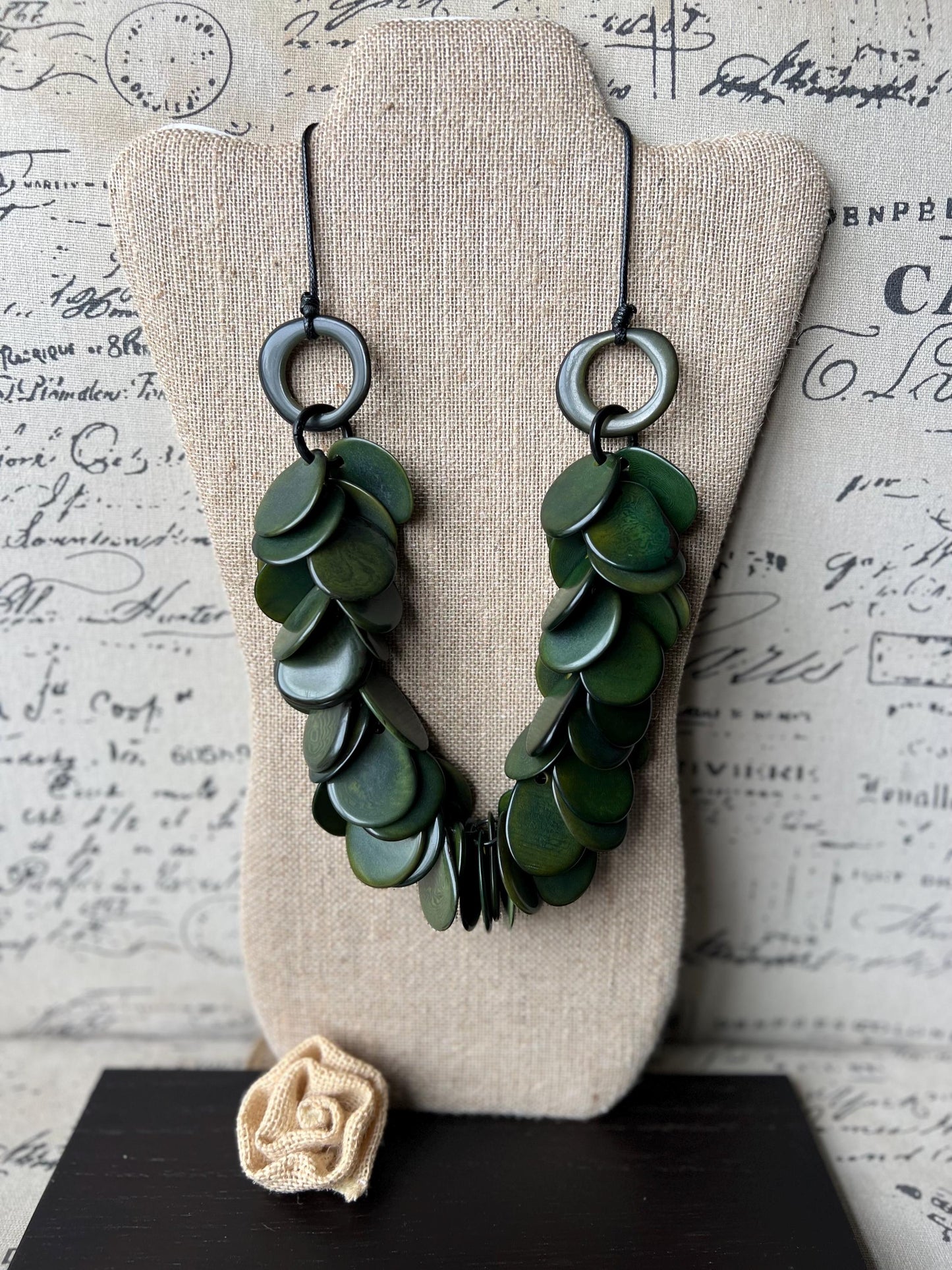 Dark green statement necklace Tagua nut necklace Adjustable cord Mothers day gifts Handmade beaded necklace Big bold necklace Art to wear