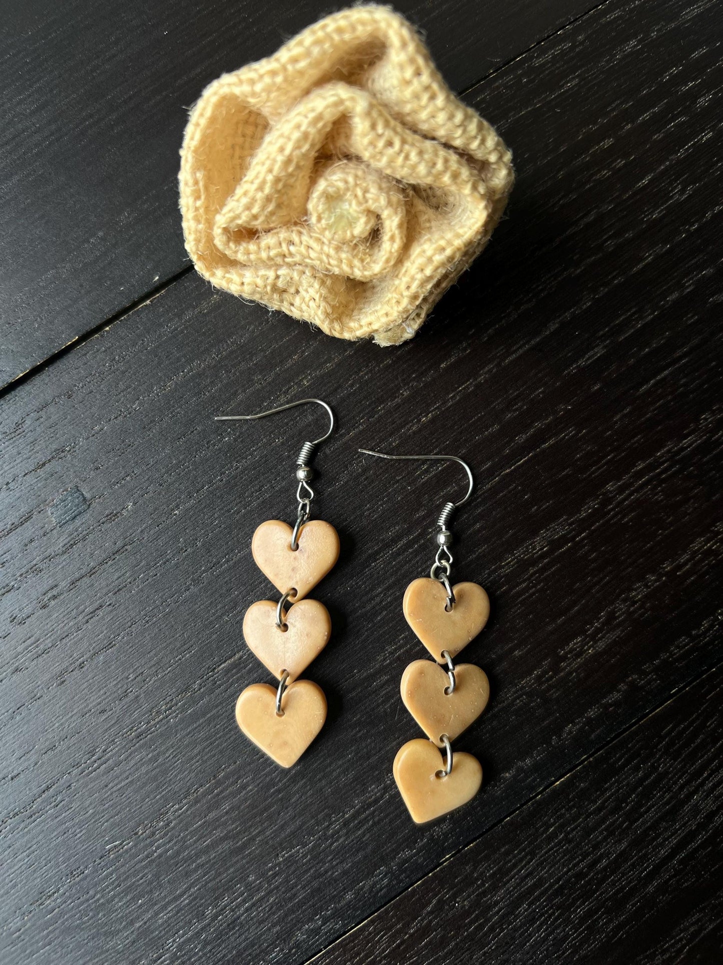Beige heart earrings Statement drop earrings Fall fashion I love you jewelry Tagua nut jewelry Wearable art Hypoallergenic earrings