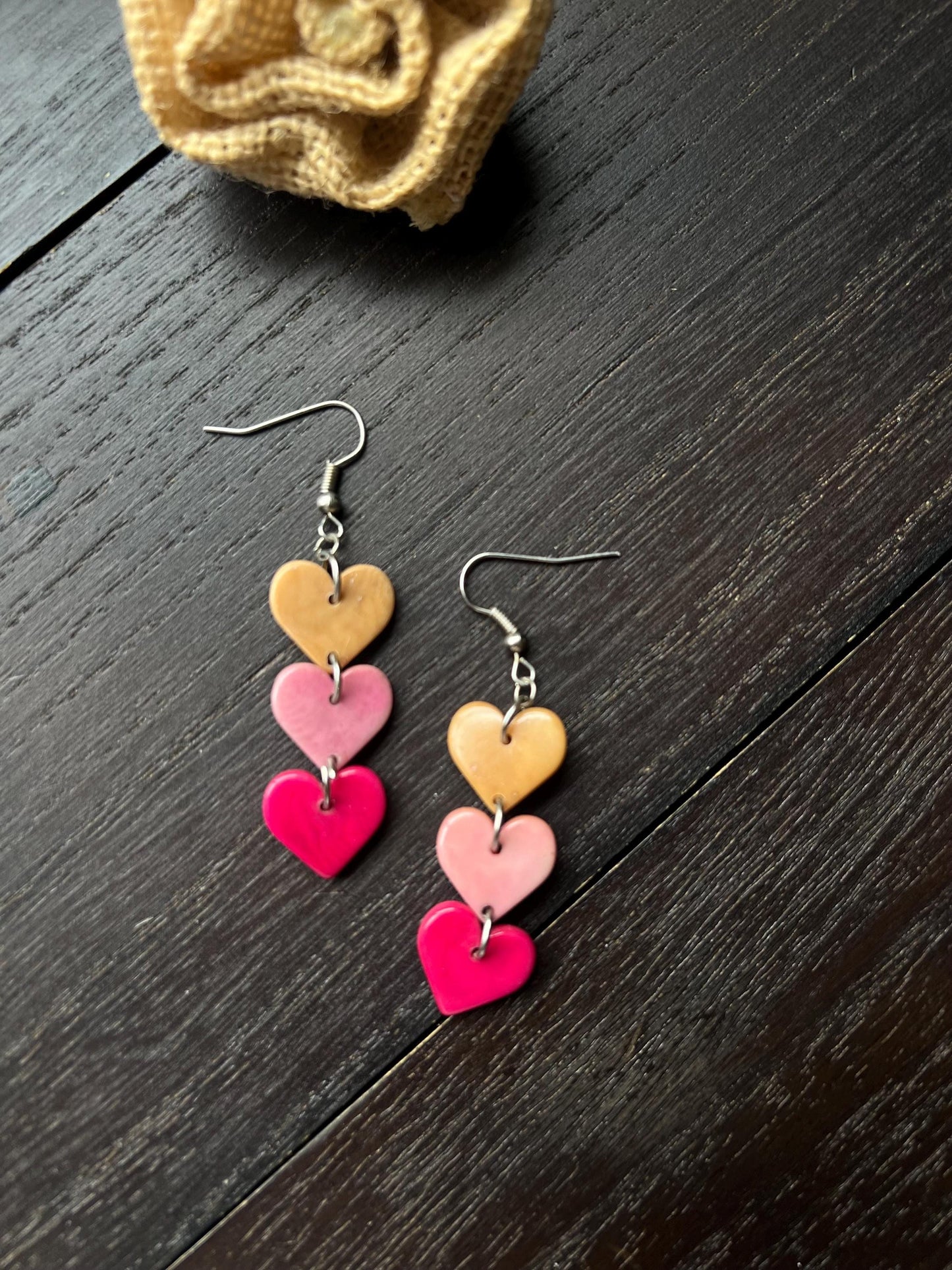 Multi color heart earrings Dangle and drop earrings Tagua jewelry I love you earrings Waterfall earrings Art to wear Easter basket gifts