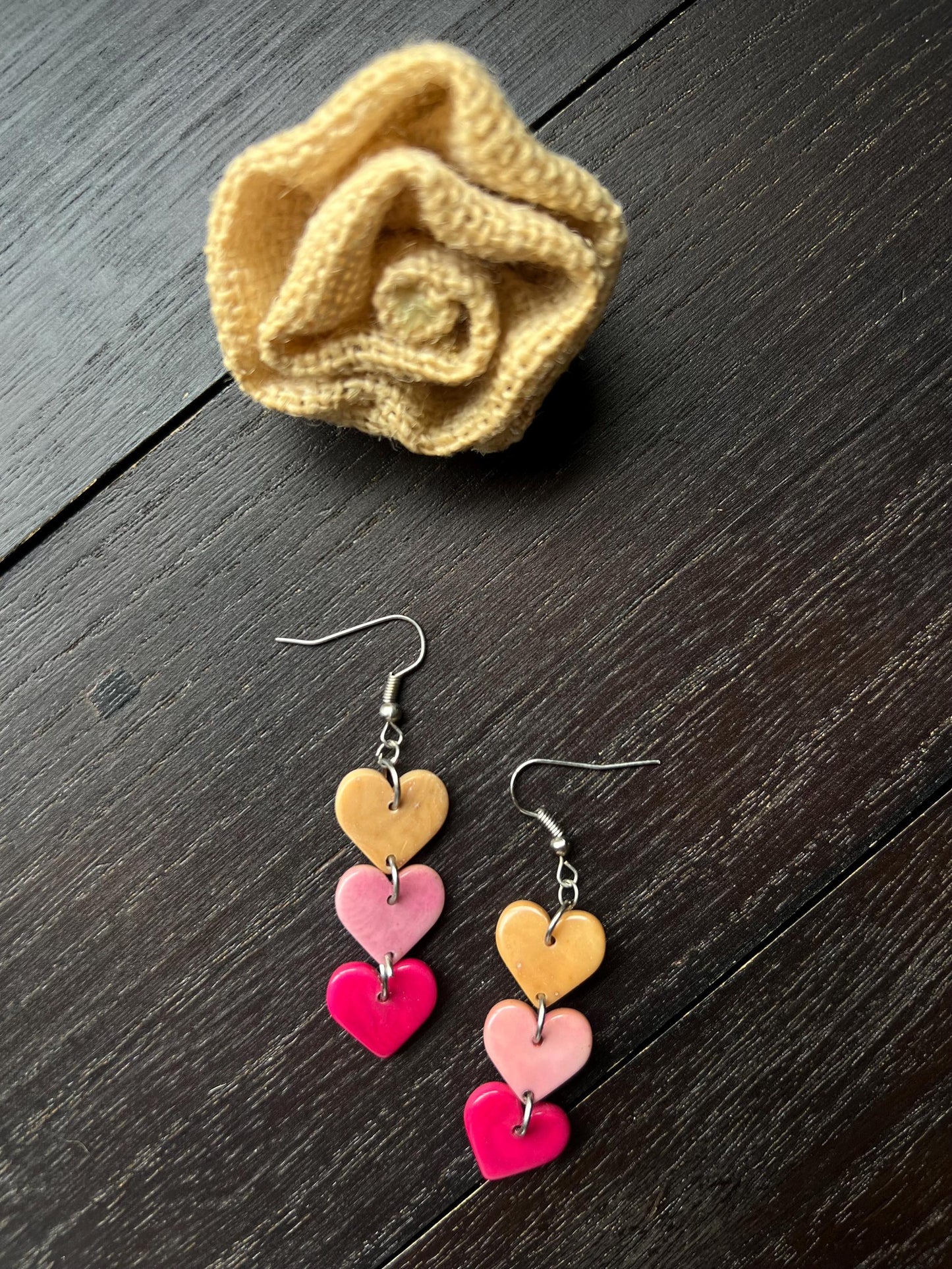 Multi color heart earrings Dangle and drop earrings Tagua jewelry I love you earrings Waterfall earrings Art to wear Easter basket gifts
