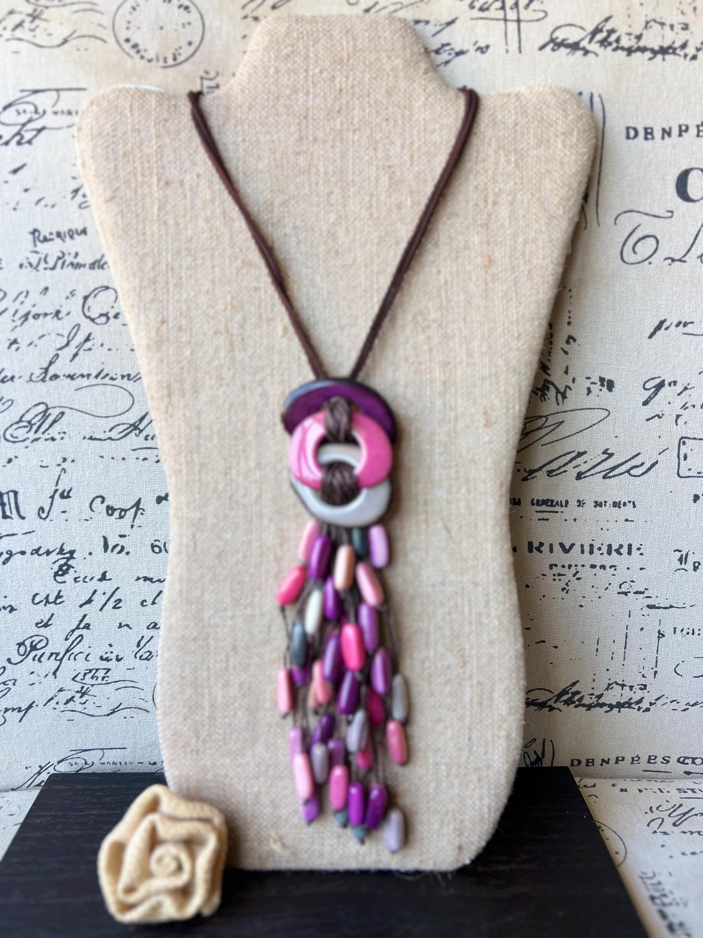 Pink purple and gray statement necklace Artsy necklaces for woman Tagua necklace Adjustable cord Art to wear Fall fashion 2025 Wearable art