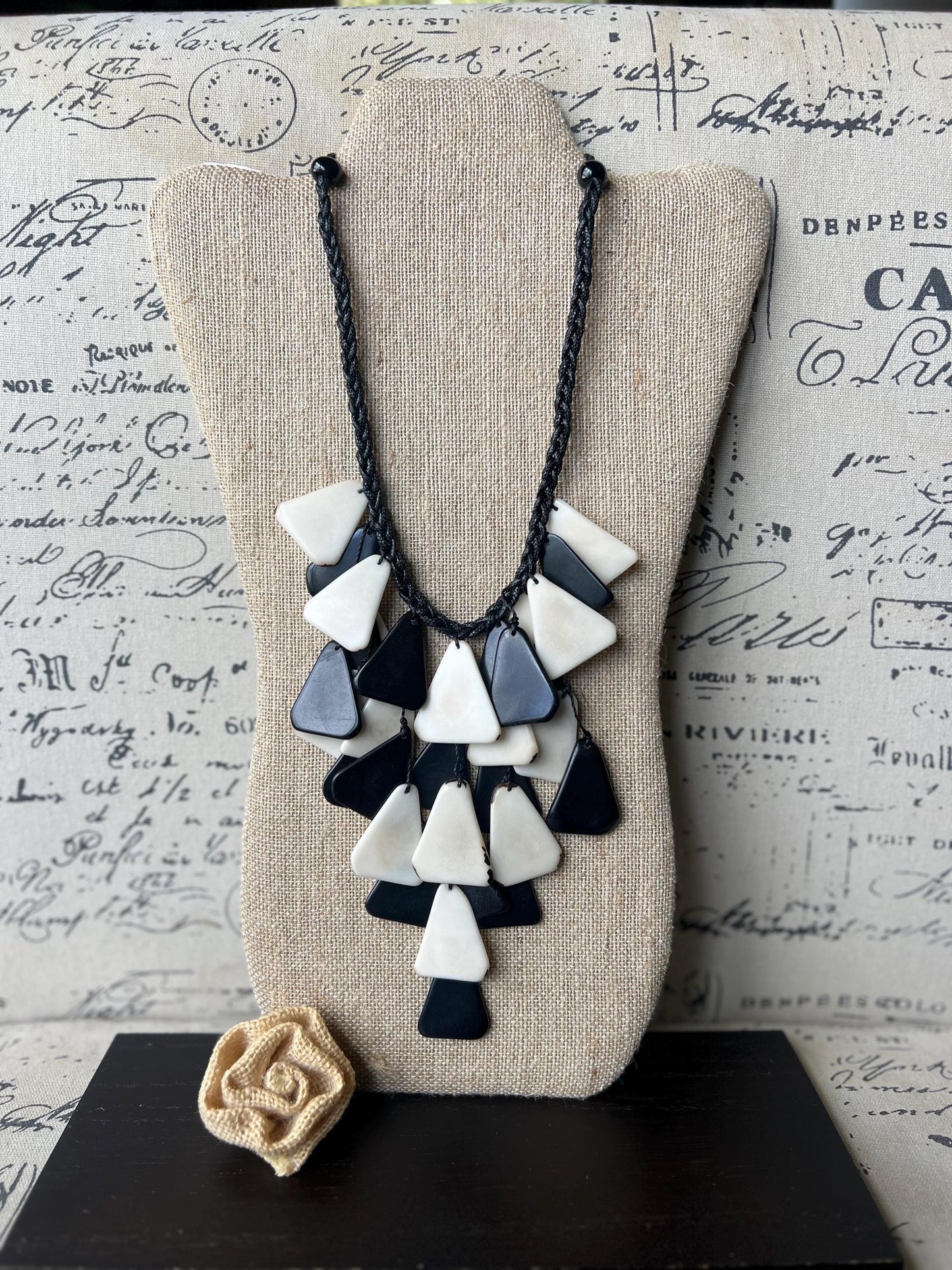 Black and white statement necklace Artsy gifts Tagua jewelry Spring fashion trends Artsy gifts Waterfall necklace Big bold necklace
