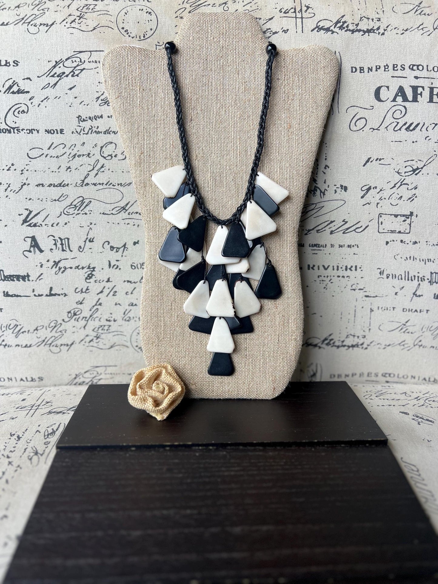 Tagua necklace.
Black and white necklace.
Artsy gifts.
Wearable art.