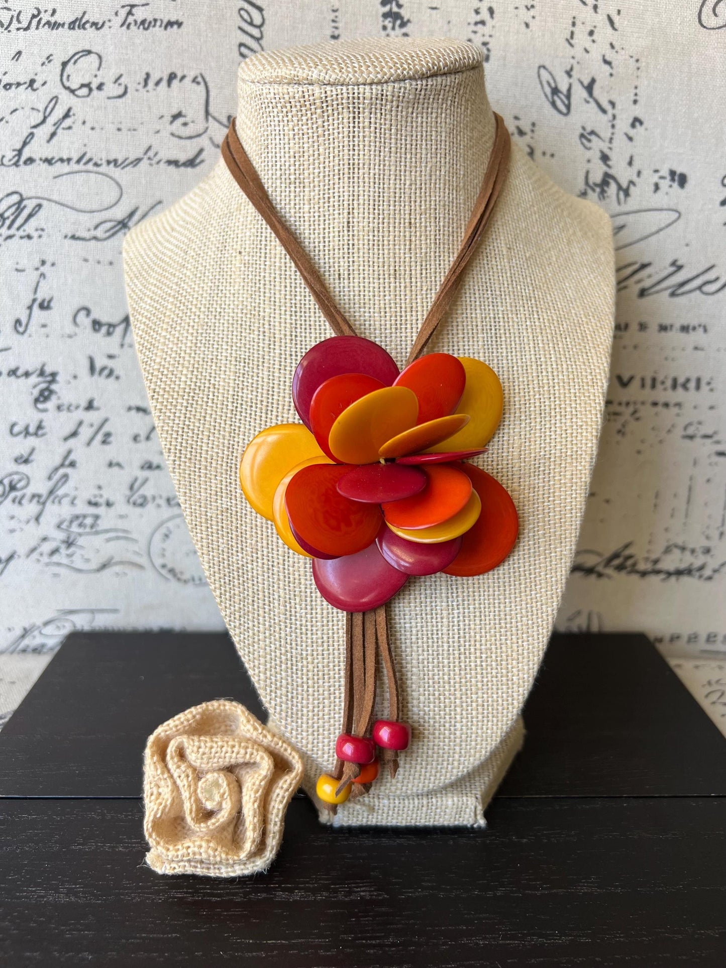 Red orange yellow flower pendant necklace Tagua jewelry Mothers day gifts Spring fashions 2025 Fashionable gifts Statement pendant necklace