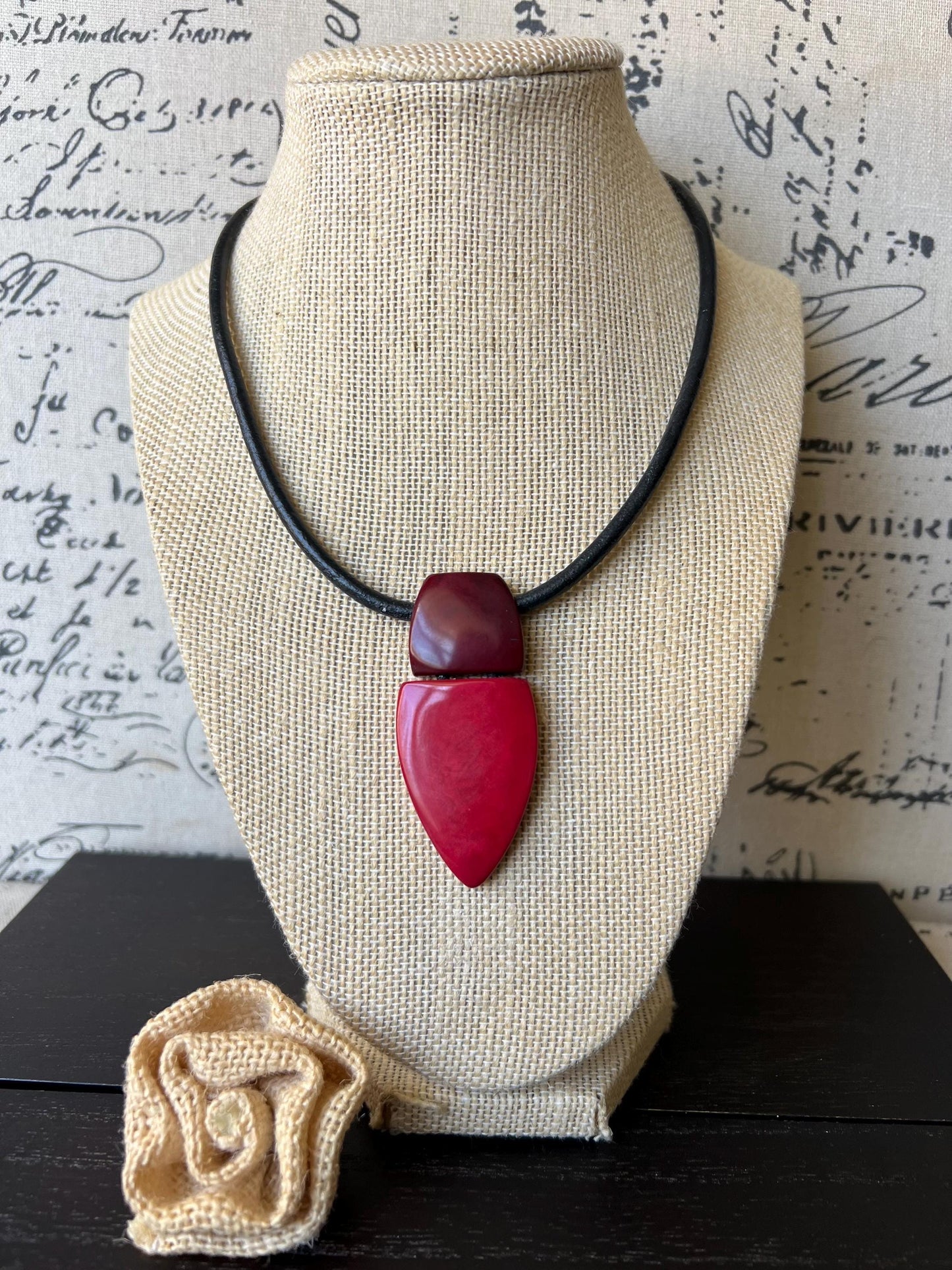 Red and burgundy pendant necklace Tagua jewelry Fall fashion 2025 Fall fashion 2025s Beaded pendant necklace Geometric pendant Elegant
