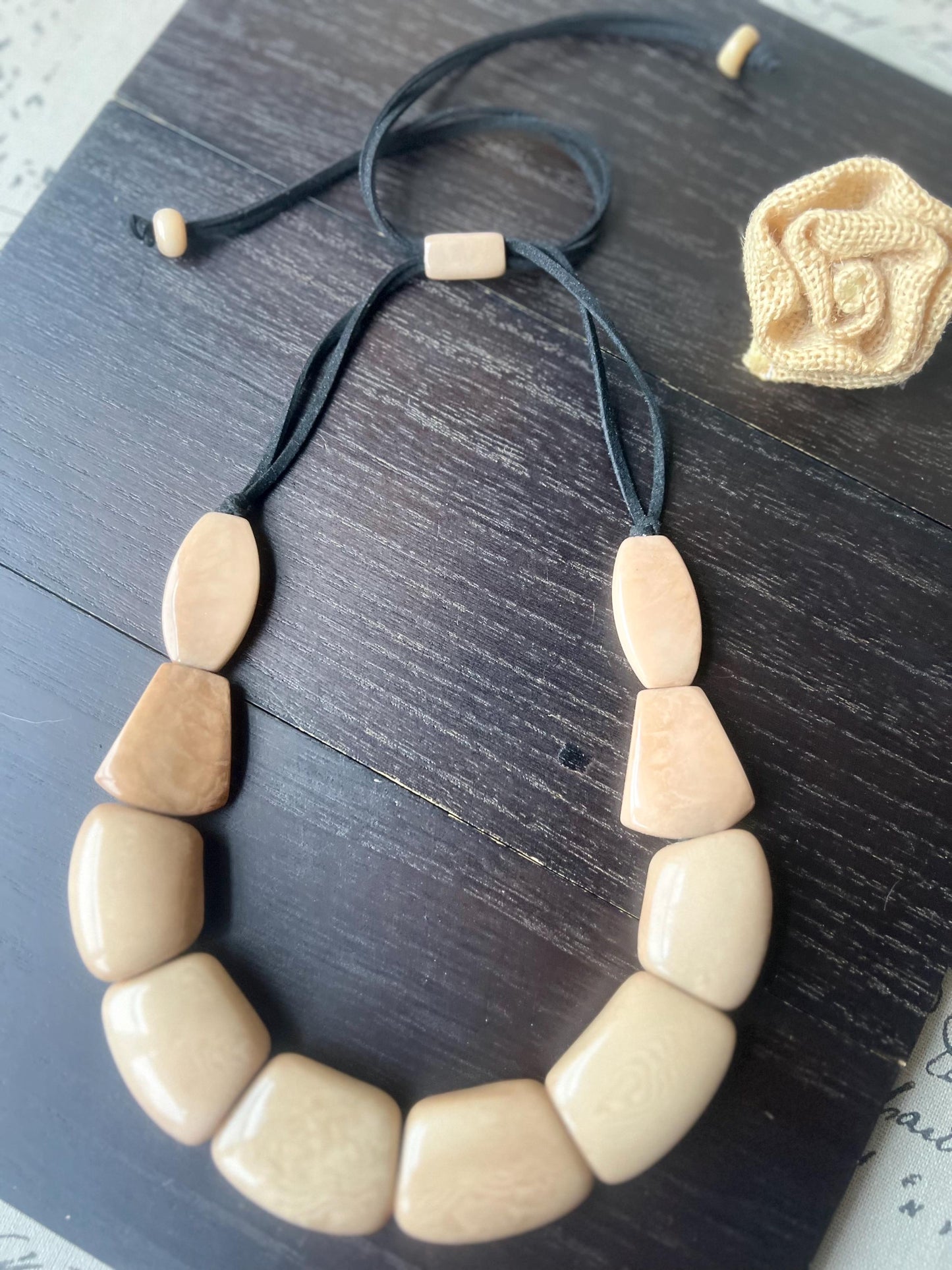 Beige beaded necklace Tagua jewelry Art to wear Big bold necklaces for women Adjustable cord Thick handmade beads necklace Mothers day gifts