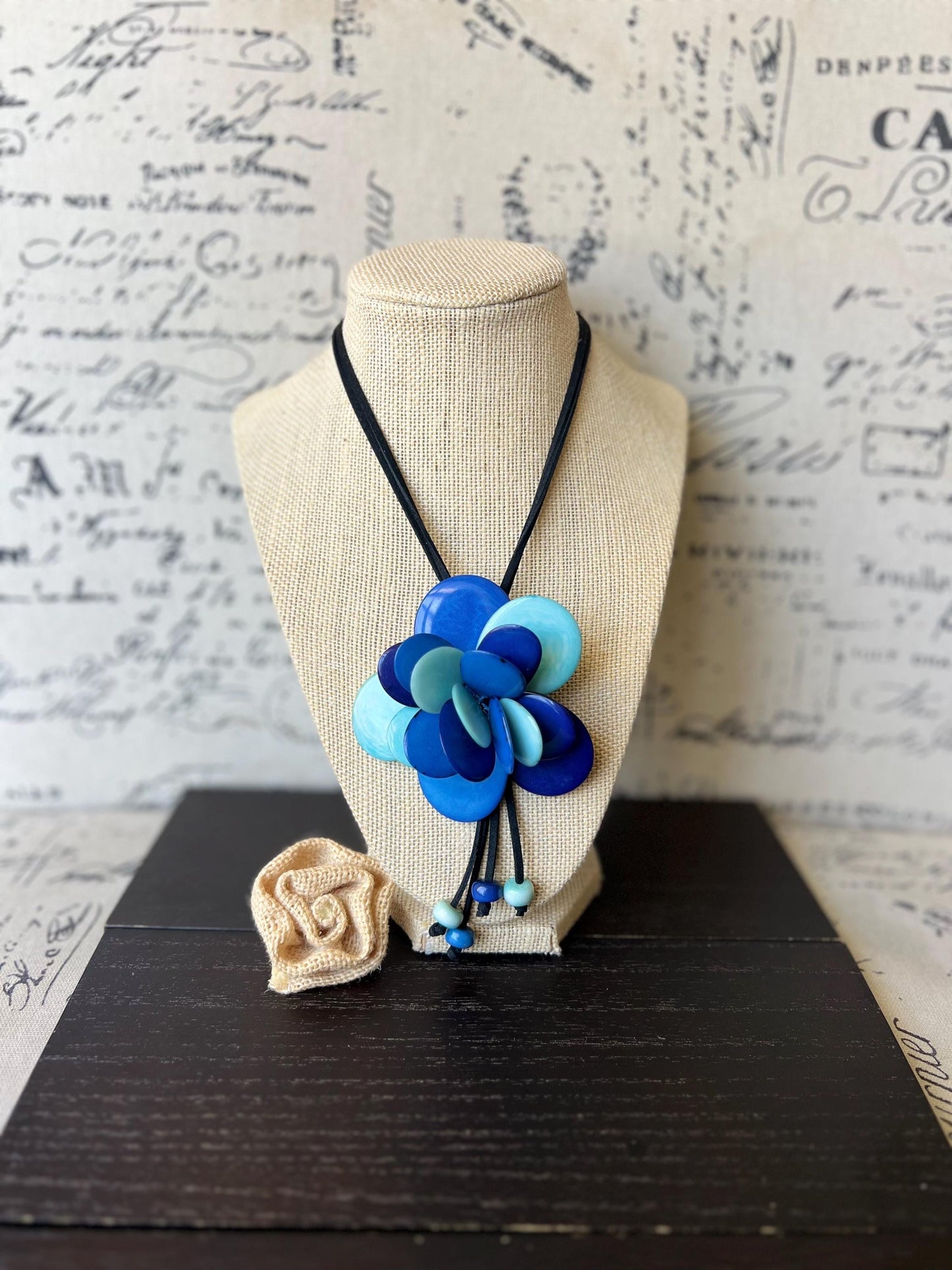 Blue flower pendant necklace Tagua jewelry Floral pendant necklace Mothers day gifts Wearable art Adjustable cord Rose beaded necklace