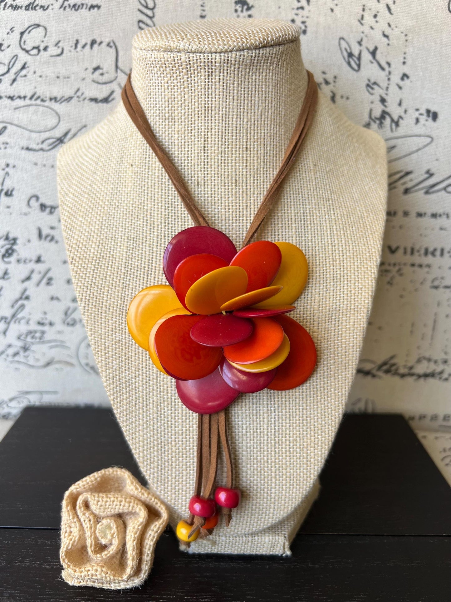 Red orange yellow flower pendant necklace Tagua jewelry Mothers day gifts Spring fashions 2025 Fashionable gifts Statement pendant necklace