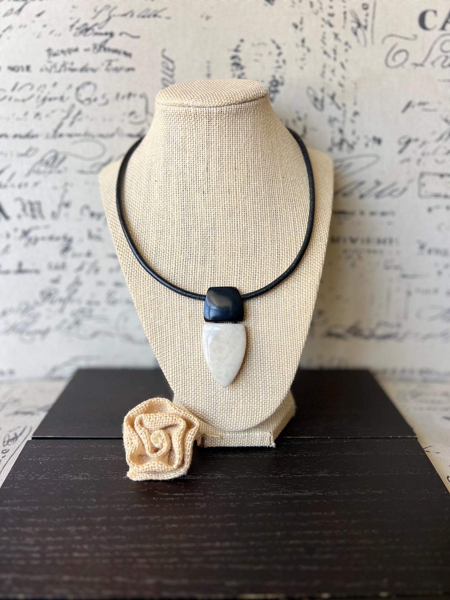 Black and white pendant necklace Tagua jewelry Fall fashion Beaded pendant necklace Statement handmade pendant Art to wear Elegant design