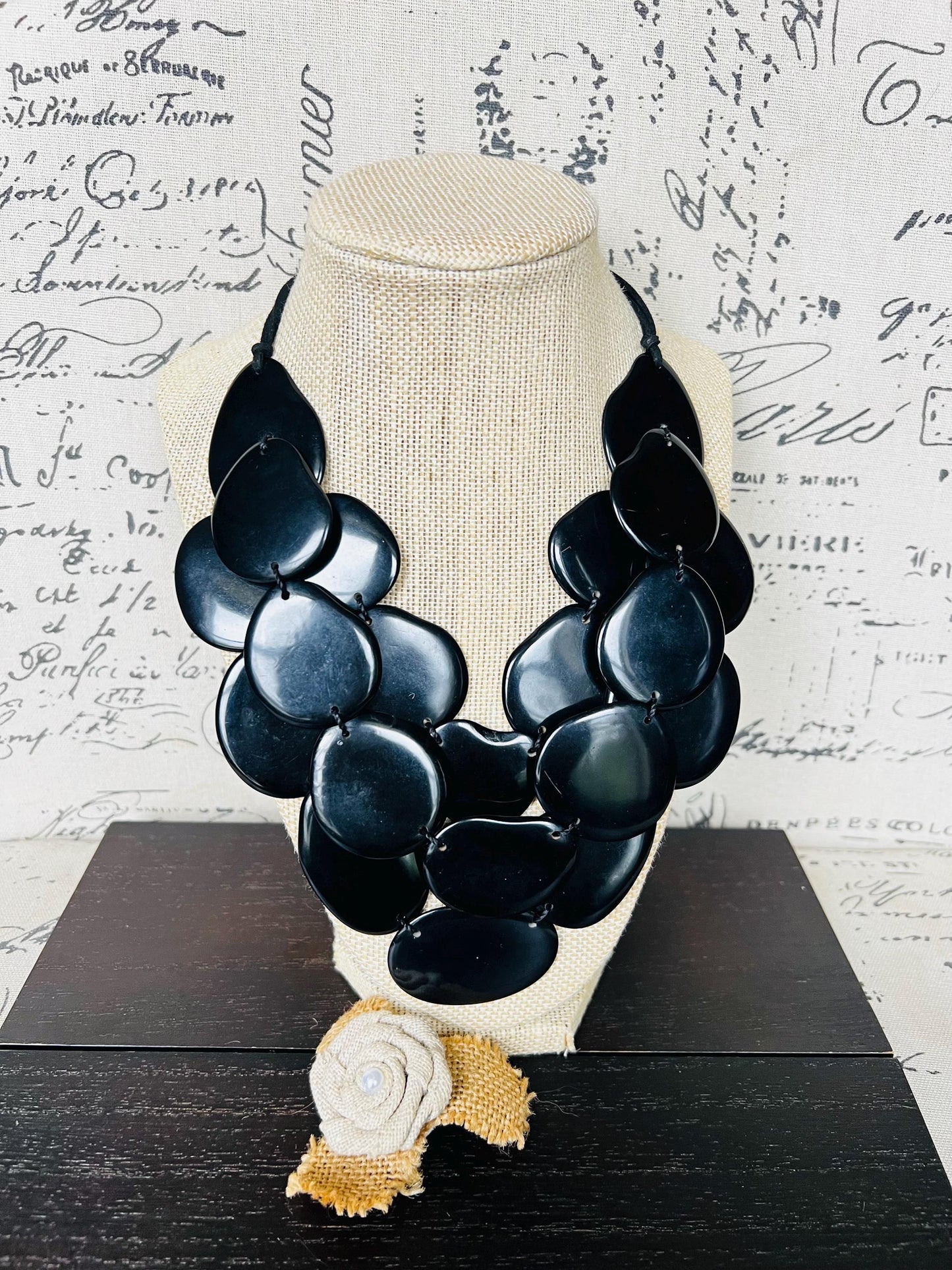 Black multi layer beaded necklace Adjustable cord Tagua jewelry Big bold necklaces Statement bead necklace Wearable art Spring fashion 2025