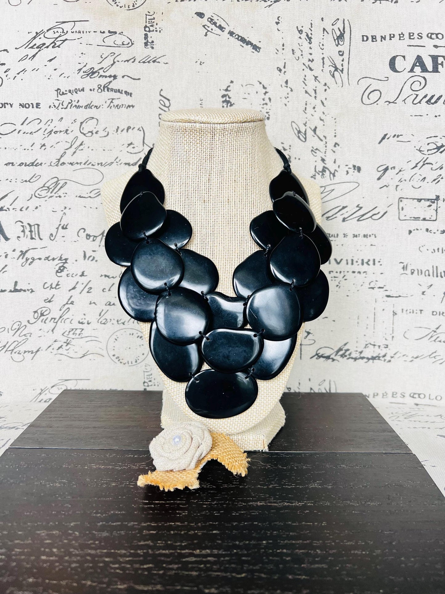 Black multi layer beaded necklace Adjustable cord Tagua jewelry Big bold necklaces Statement bead necklace Wearable art Spring fashion 2025