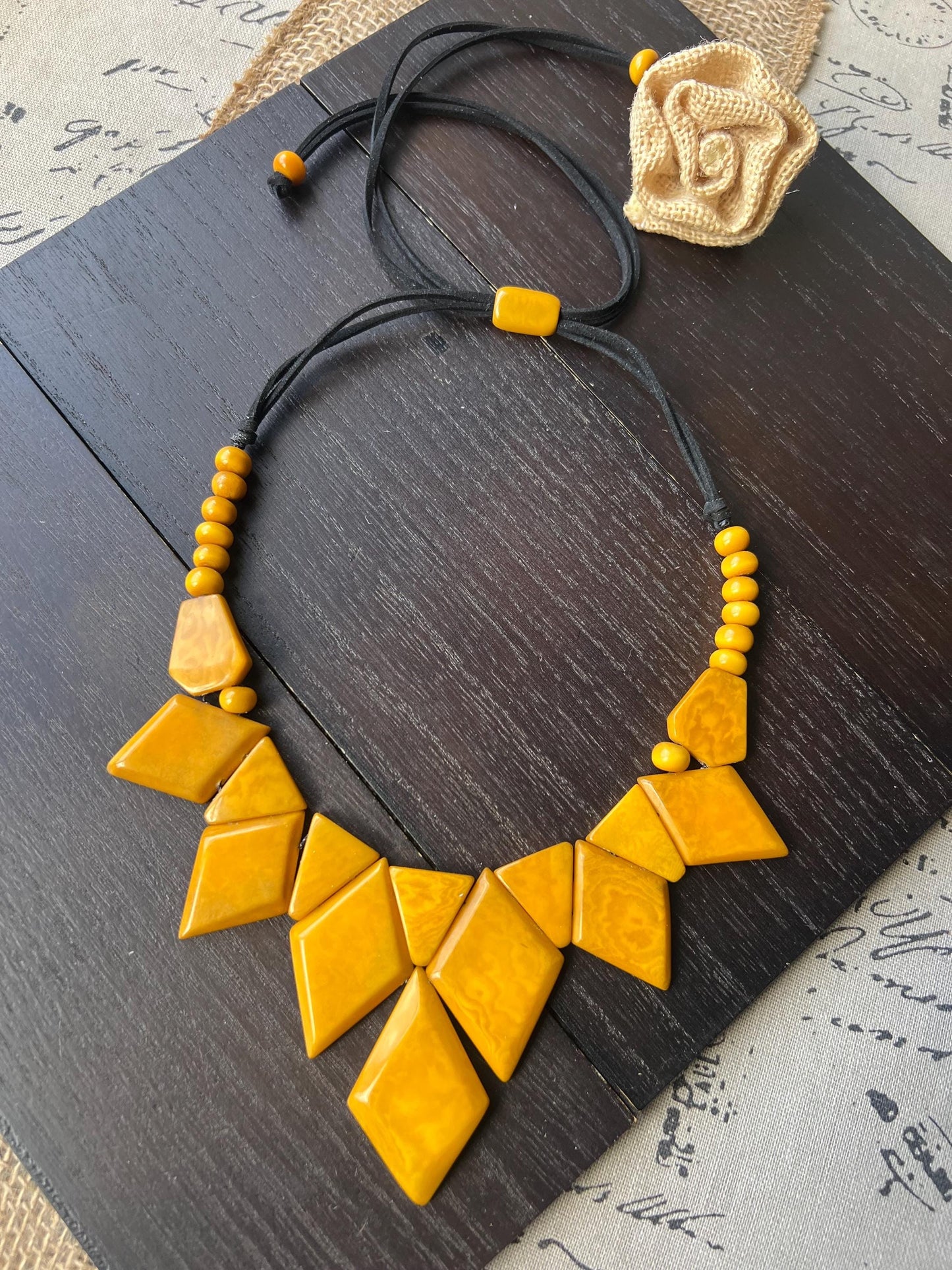 Yellow statement necklace Geometric necklace chunky Adjustable cord Tagua jewelry Beaded necklaces Wearable art Cruise wear Artsy gifts