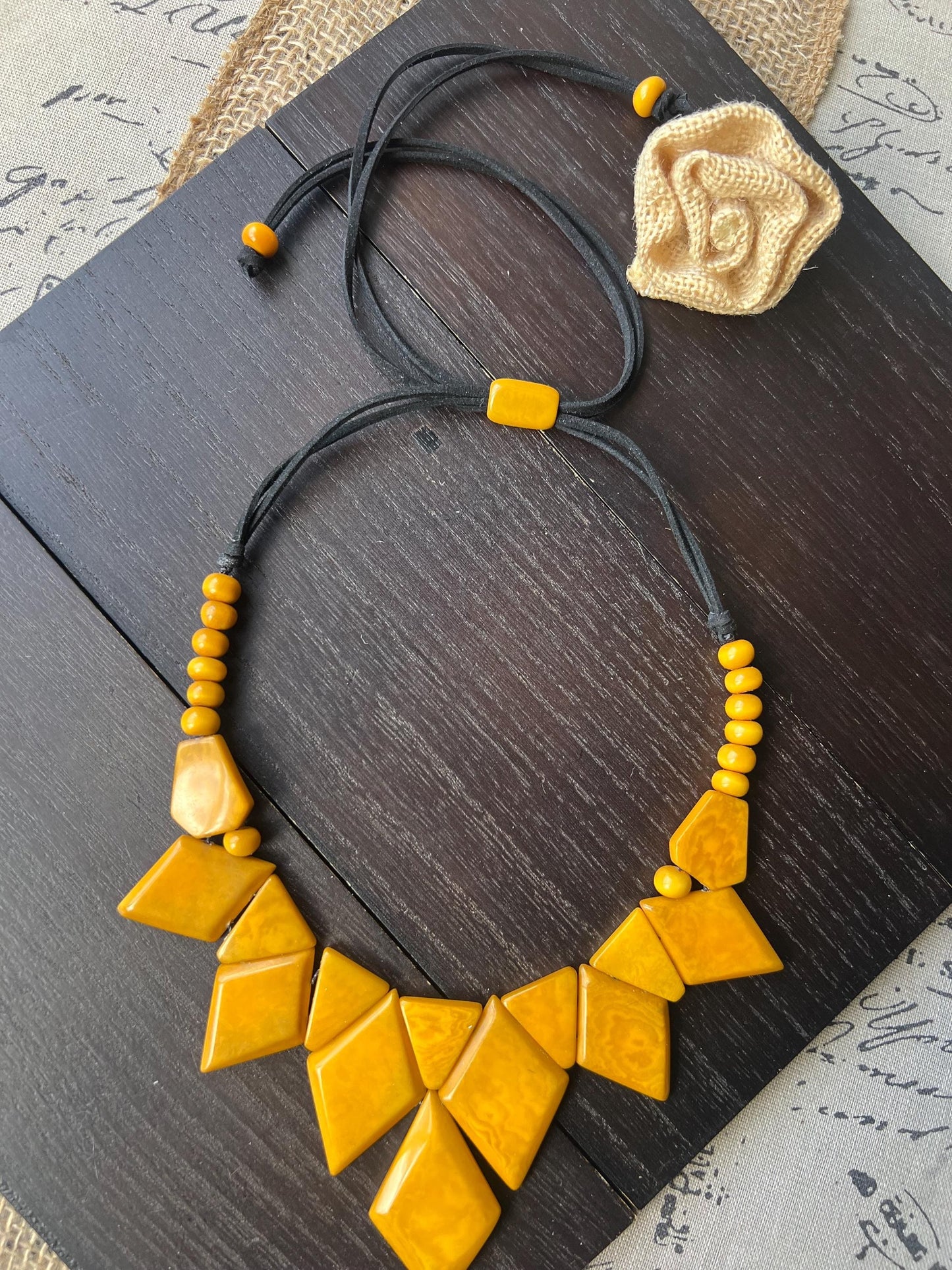 Yellow statement necklace Geometric necklace chunky Adjustable cord Tagua jewelry Beaded necklaces Wearable art Cruise wear Artsy gifts