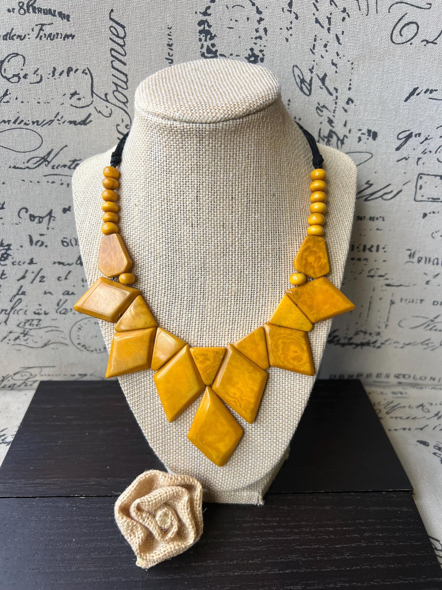 Yellow Tagua Nut Statement Necklace: Geometric Bib, Adjustable Cord