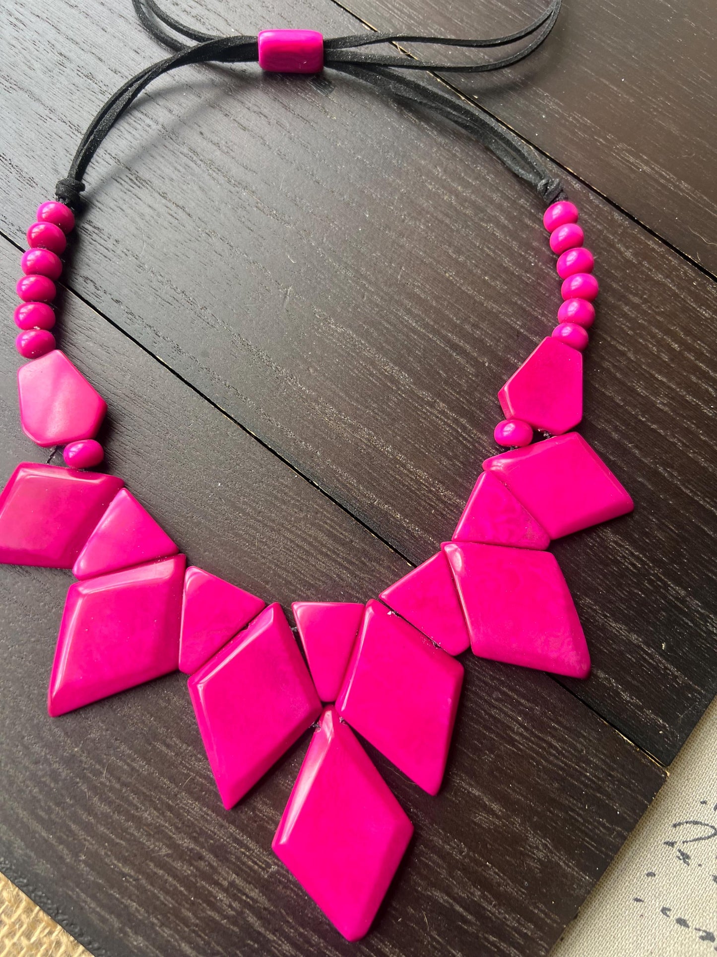 Hot pink statement necklace Tagua nut jewelry Art to wear Geometric necklace chunky Adjustable cord Beaded necklaces Mother’s Day gifts