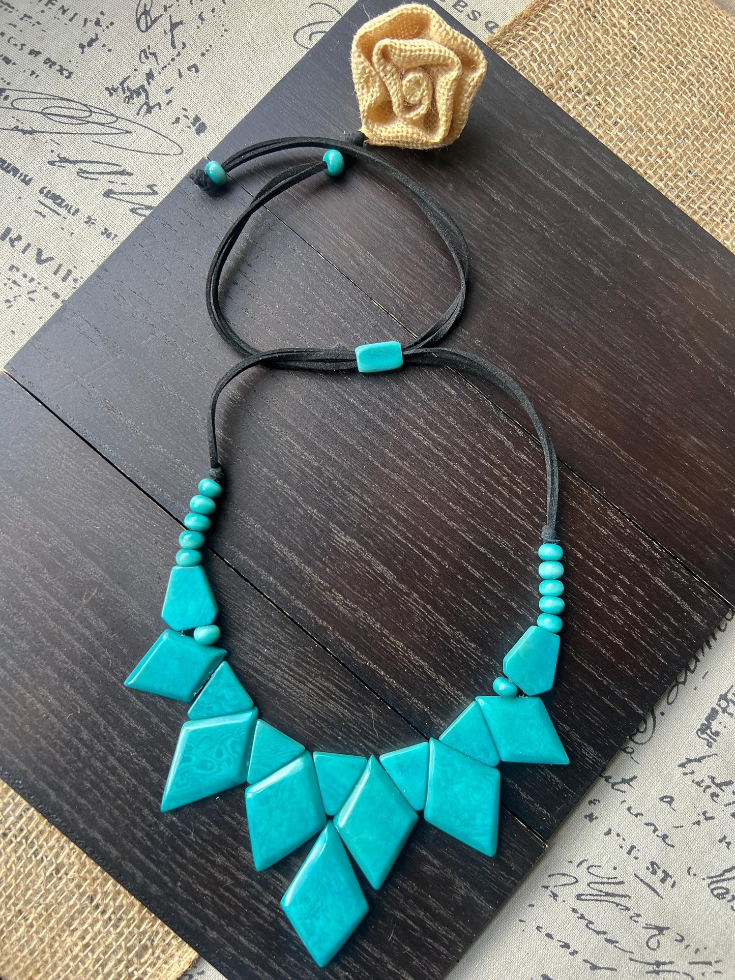 Teal statement necklace Tagua nut jewelry Art to wear Geometric necklace chunky Adjustable cord Mother’s Day gifts Handmade beaded necklace