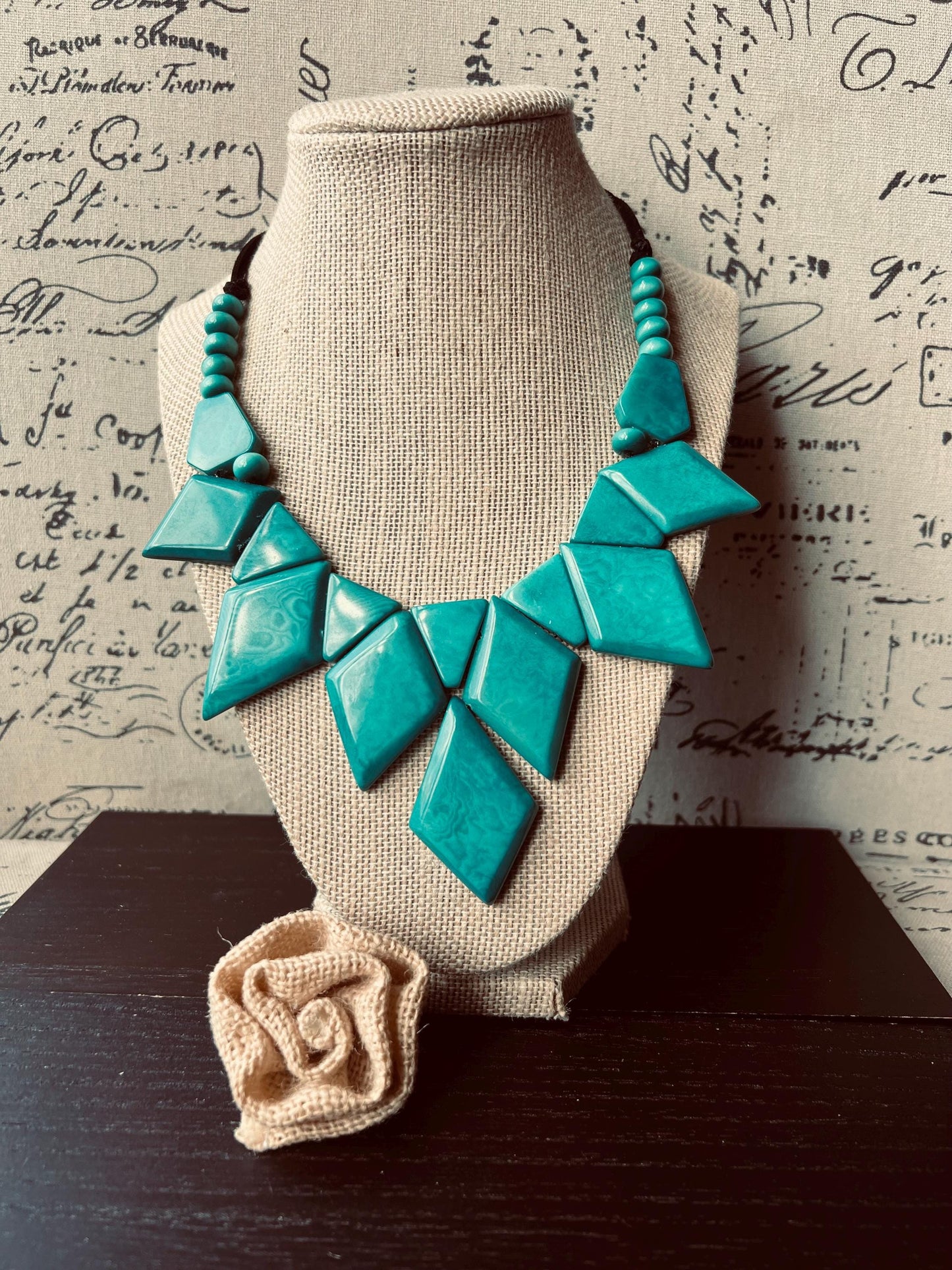 Teal statement necklace Tagua nut jewelry Art to wear Geometric necklace chunky Adjustable cord Mother’s Day gifts Handmade beaded necklace